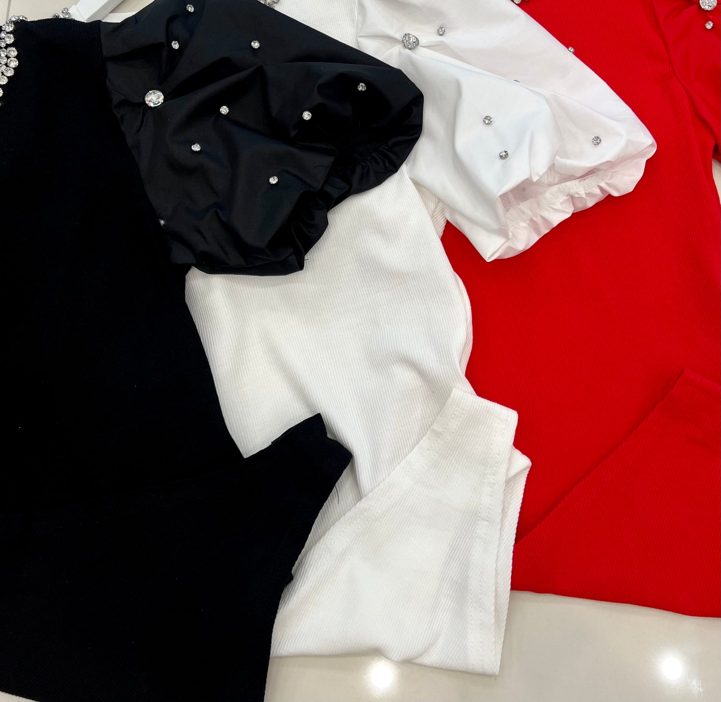 Bodysuit Puff Sleeve With Rhinestone RED