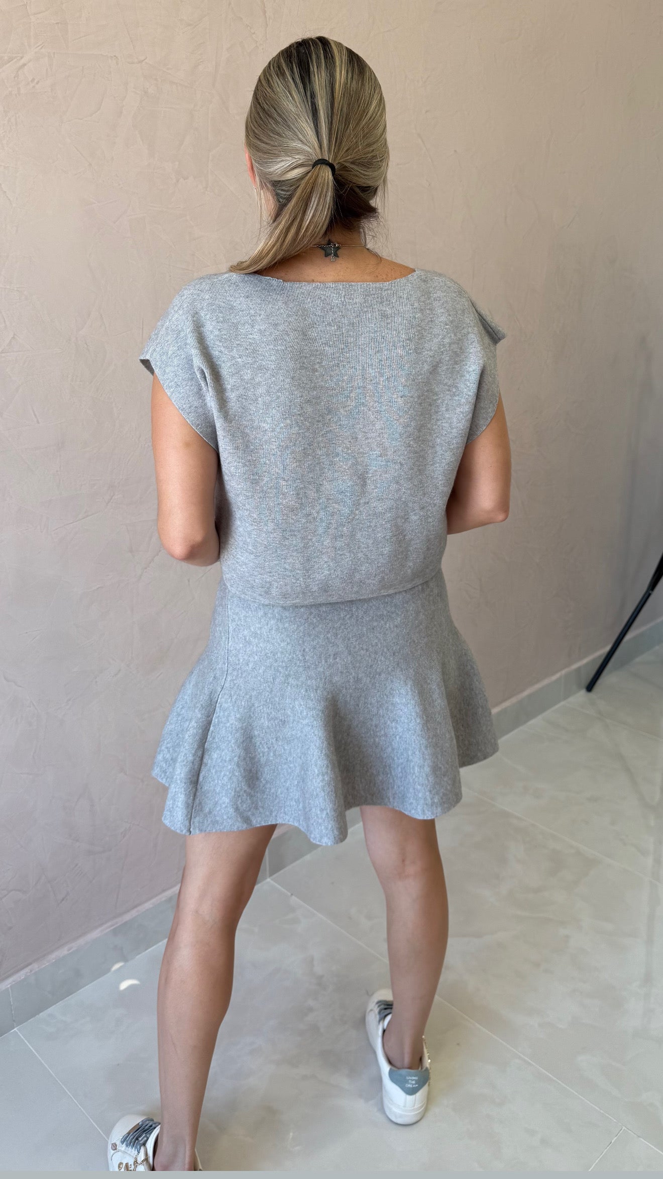 Sleeveless V Neck Sweater Top & Skirt Gray