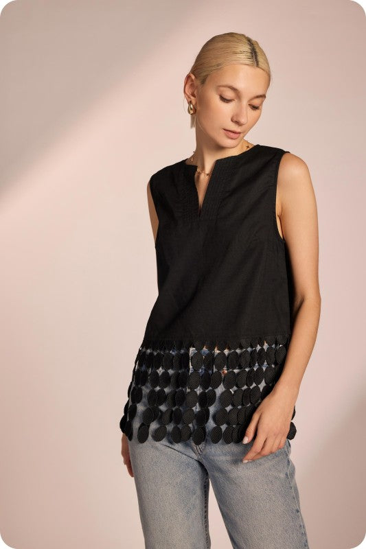 Dotted Fringe Linen Top Black