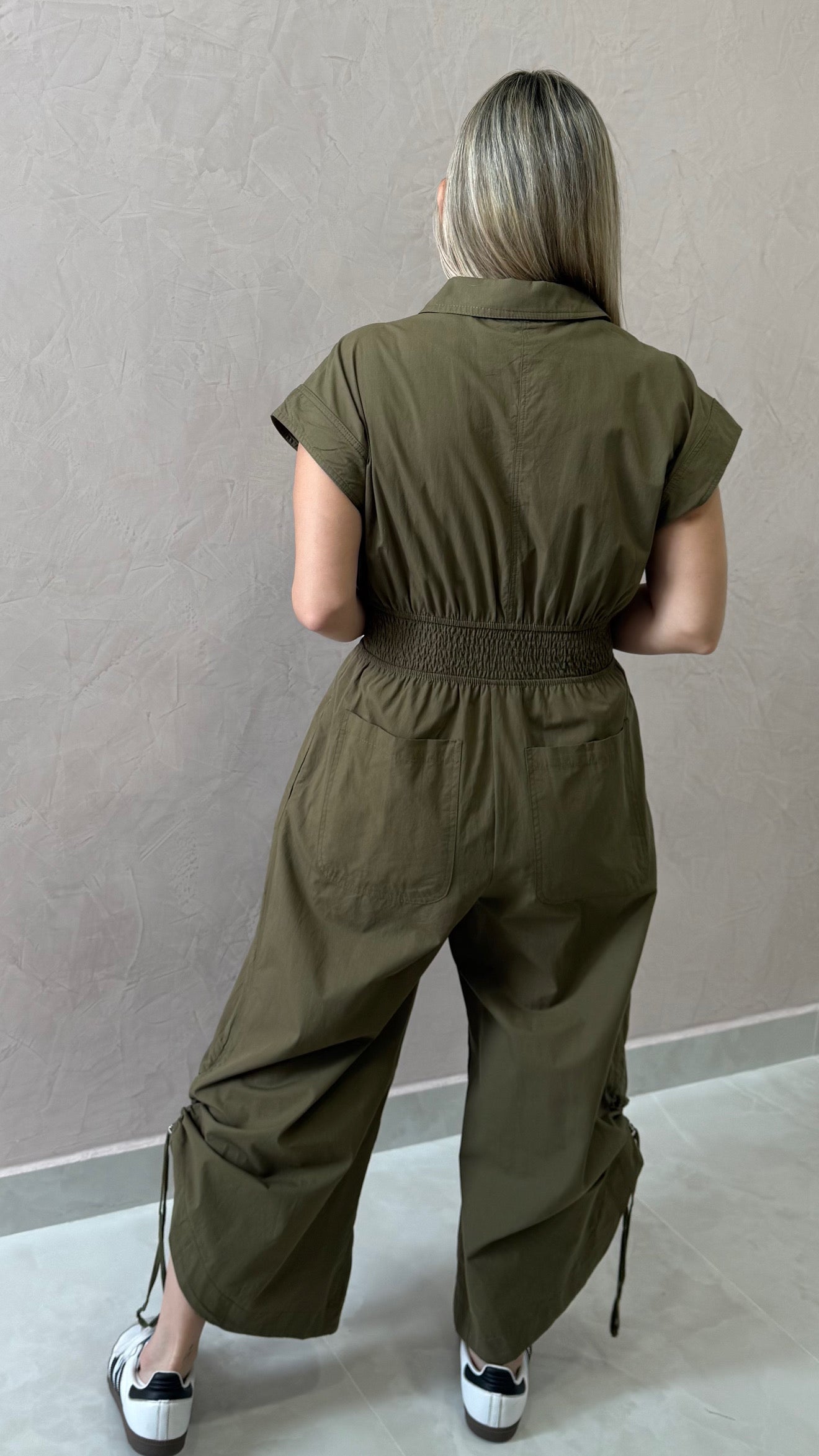 Button Down Utility Jumpsuit Olive