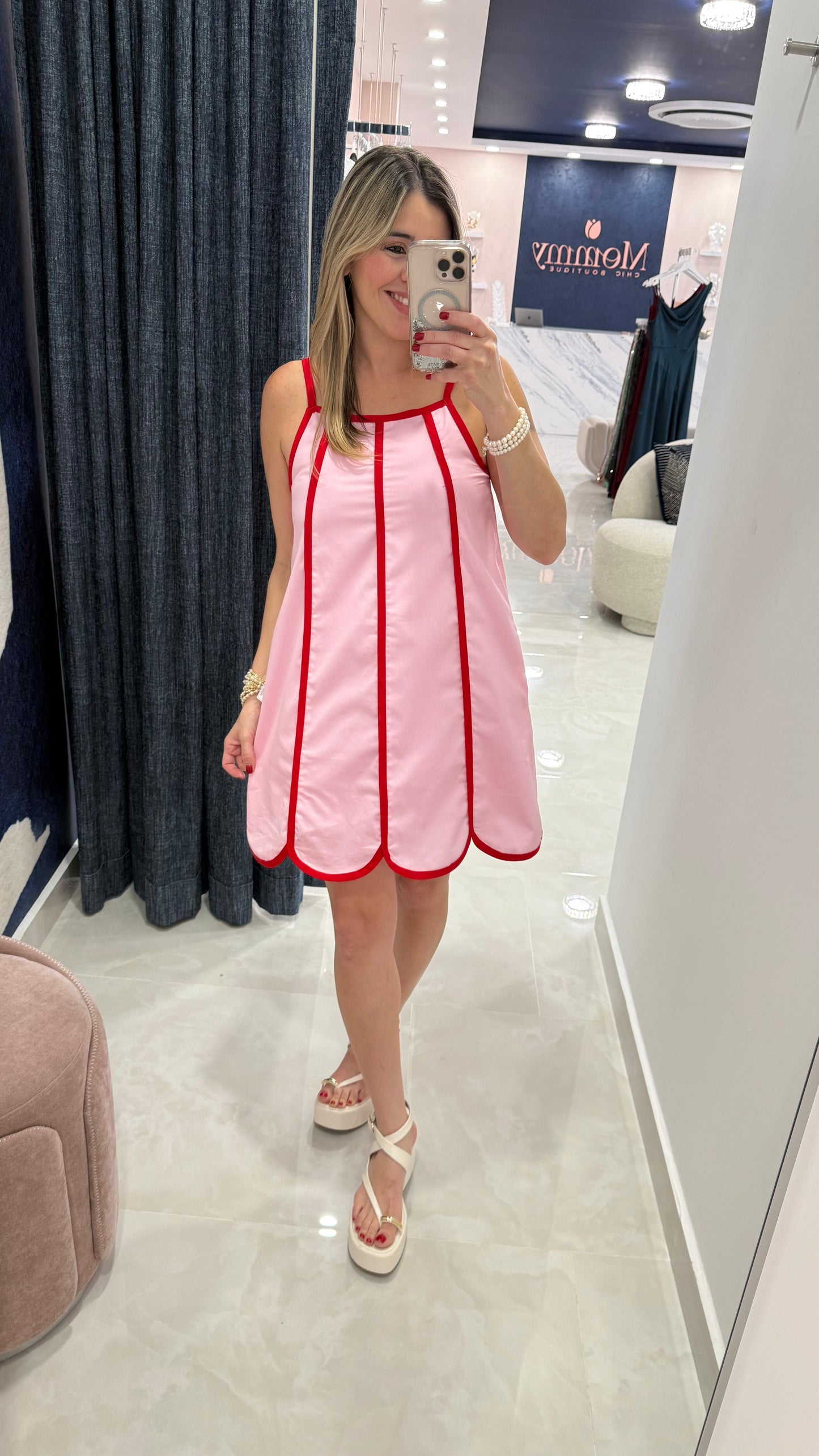 Contrast Scallop Dress Pink / Red