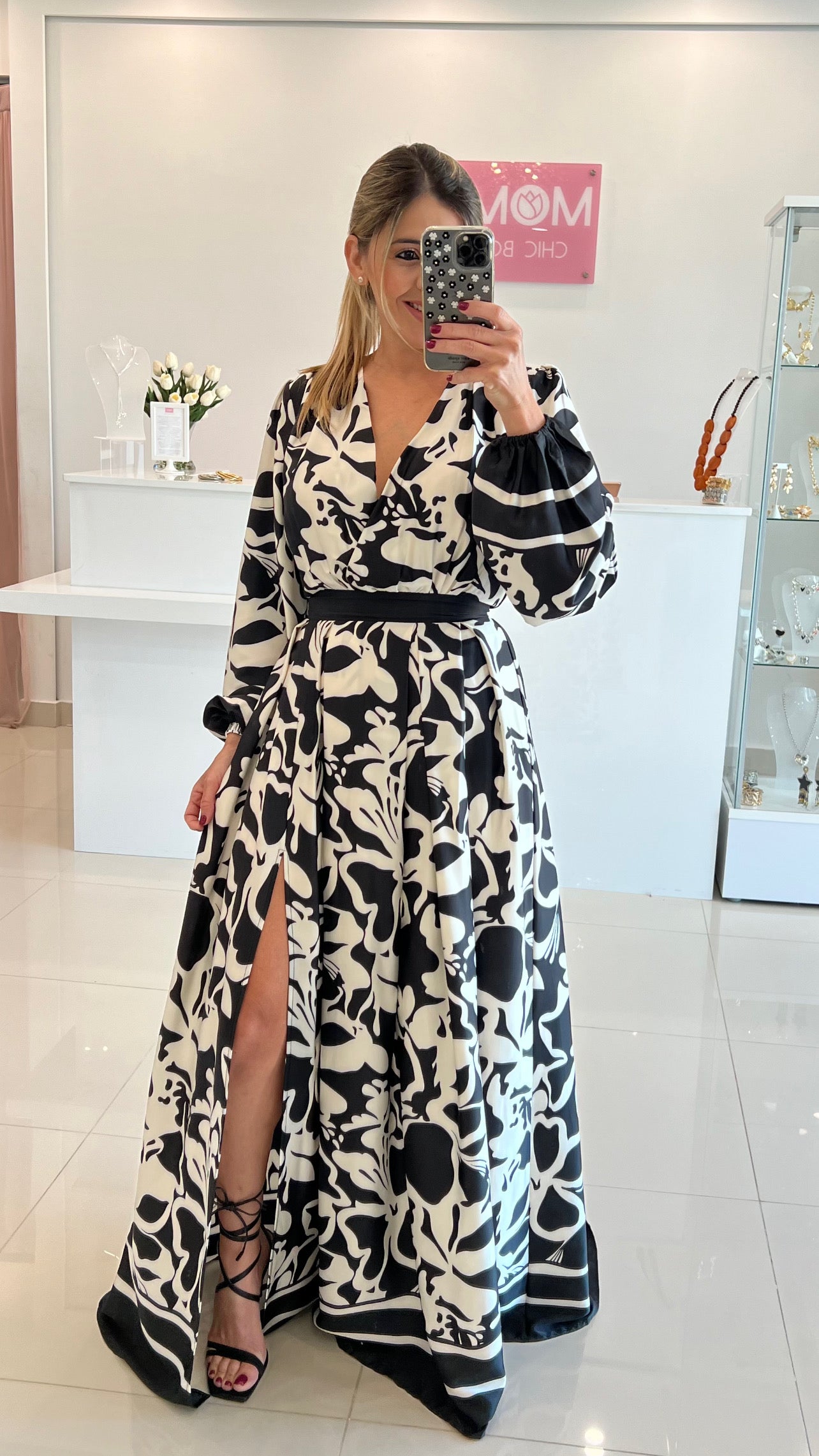 Printed Long Sleeve Satin Maxi Dress Black
