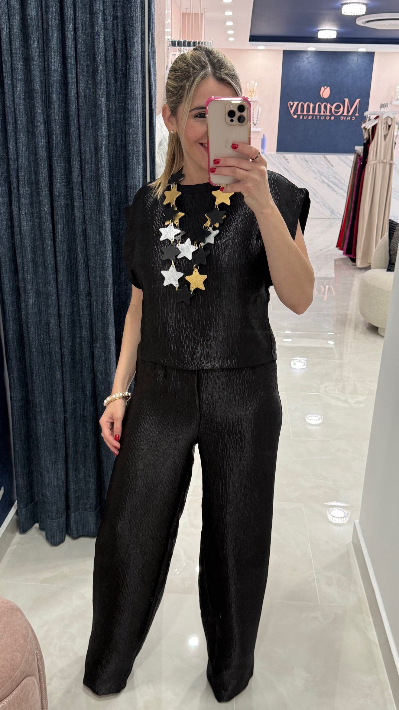 Textured Top & High Waist Pant BLK