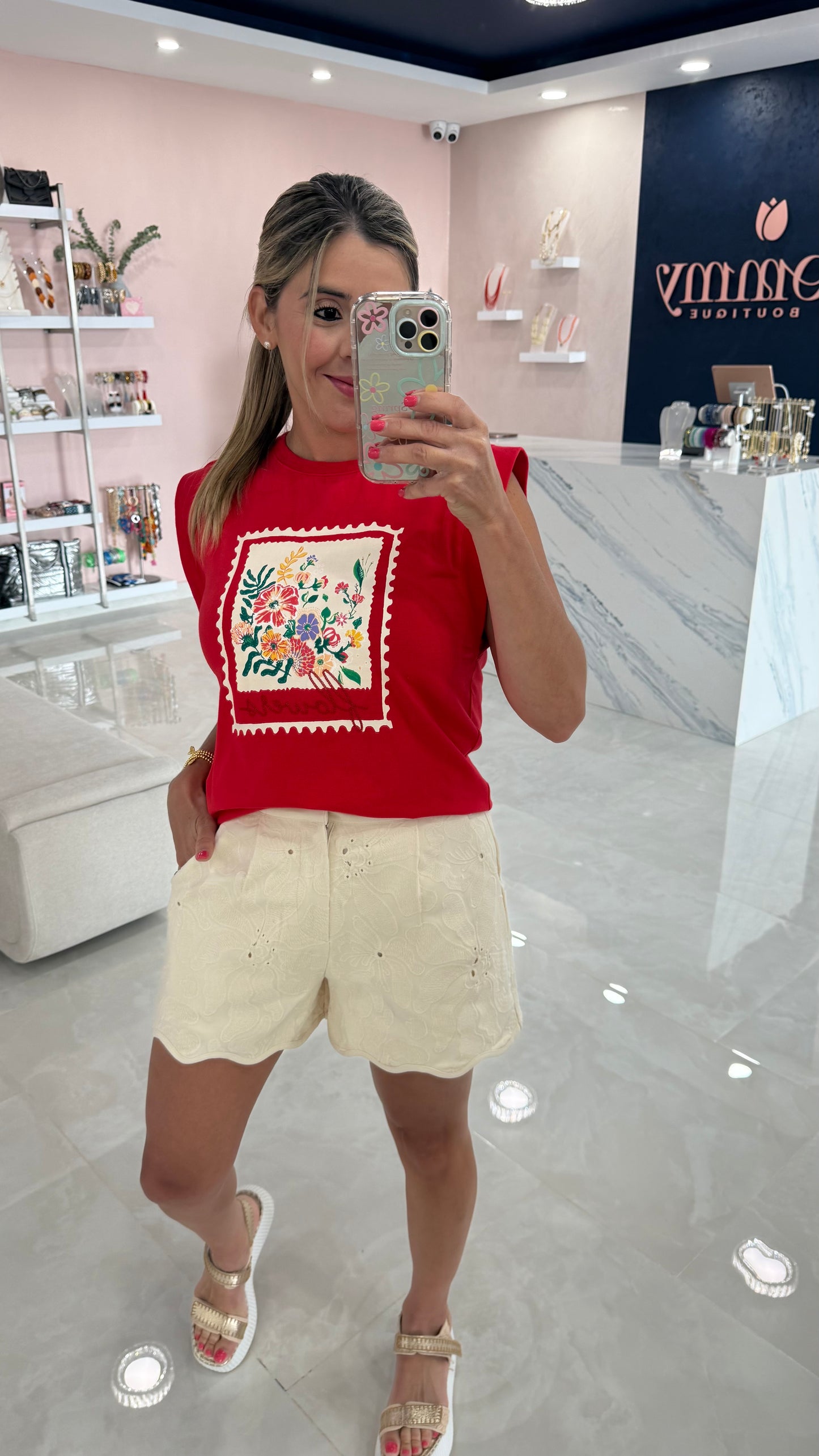 Flower Graphic Embroidered Top Red