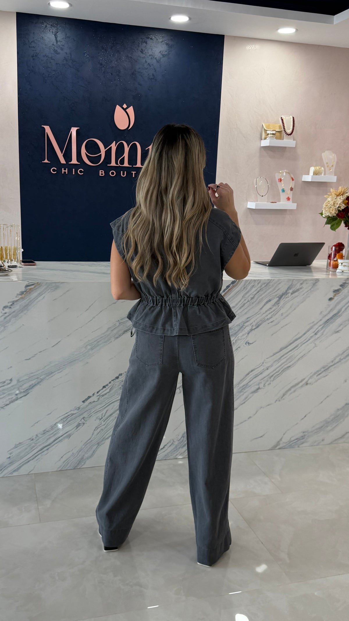 Denim Vest Top & Pant Set Gray