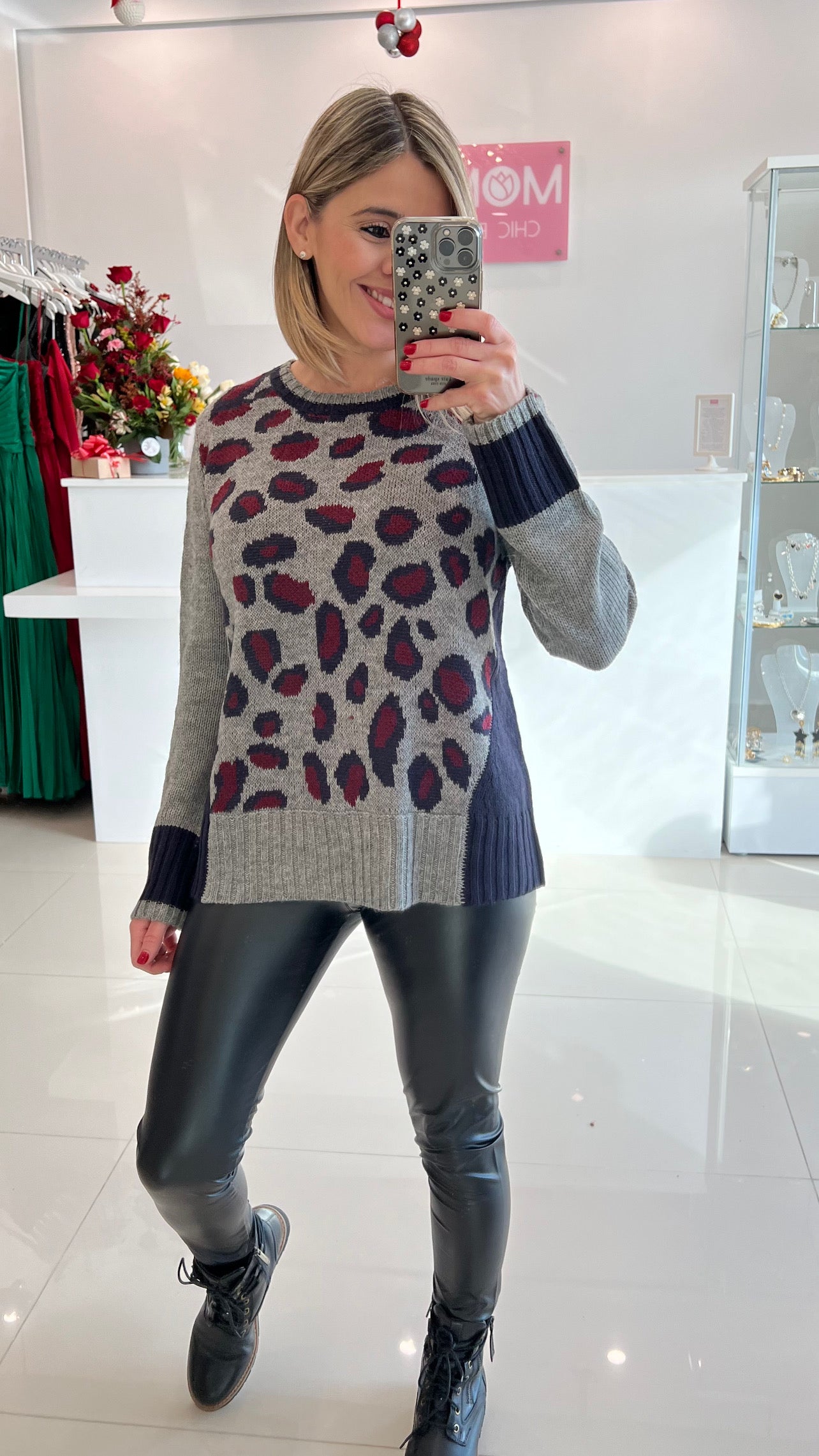 Leopard Sweater Navy & Burgundy