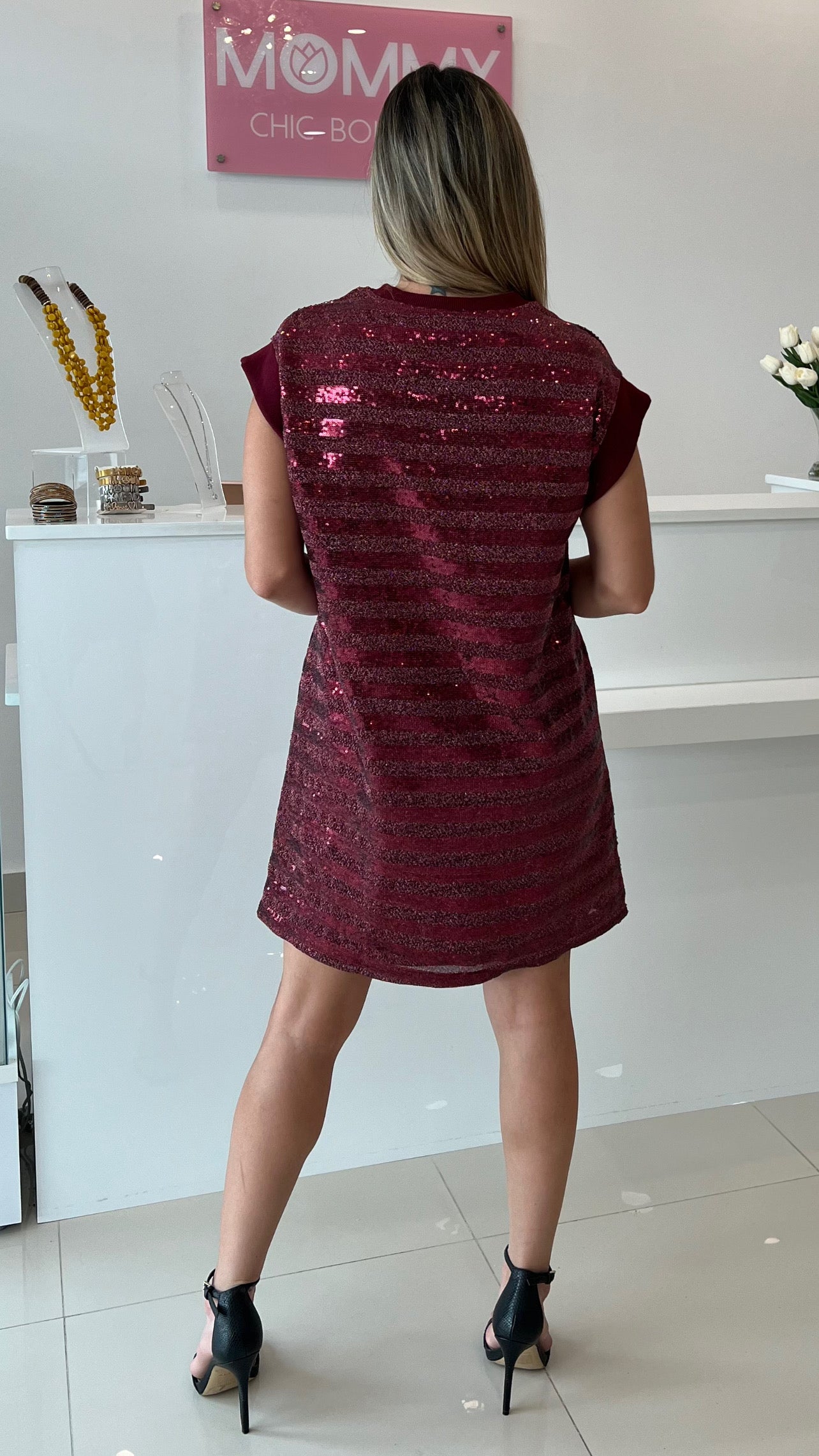 Sequins Stripe Dress Burgundy