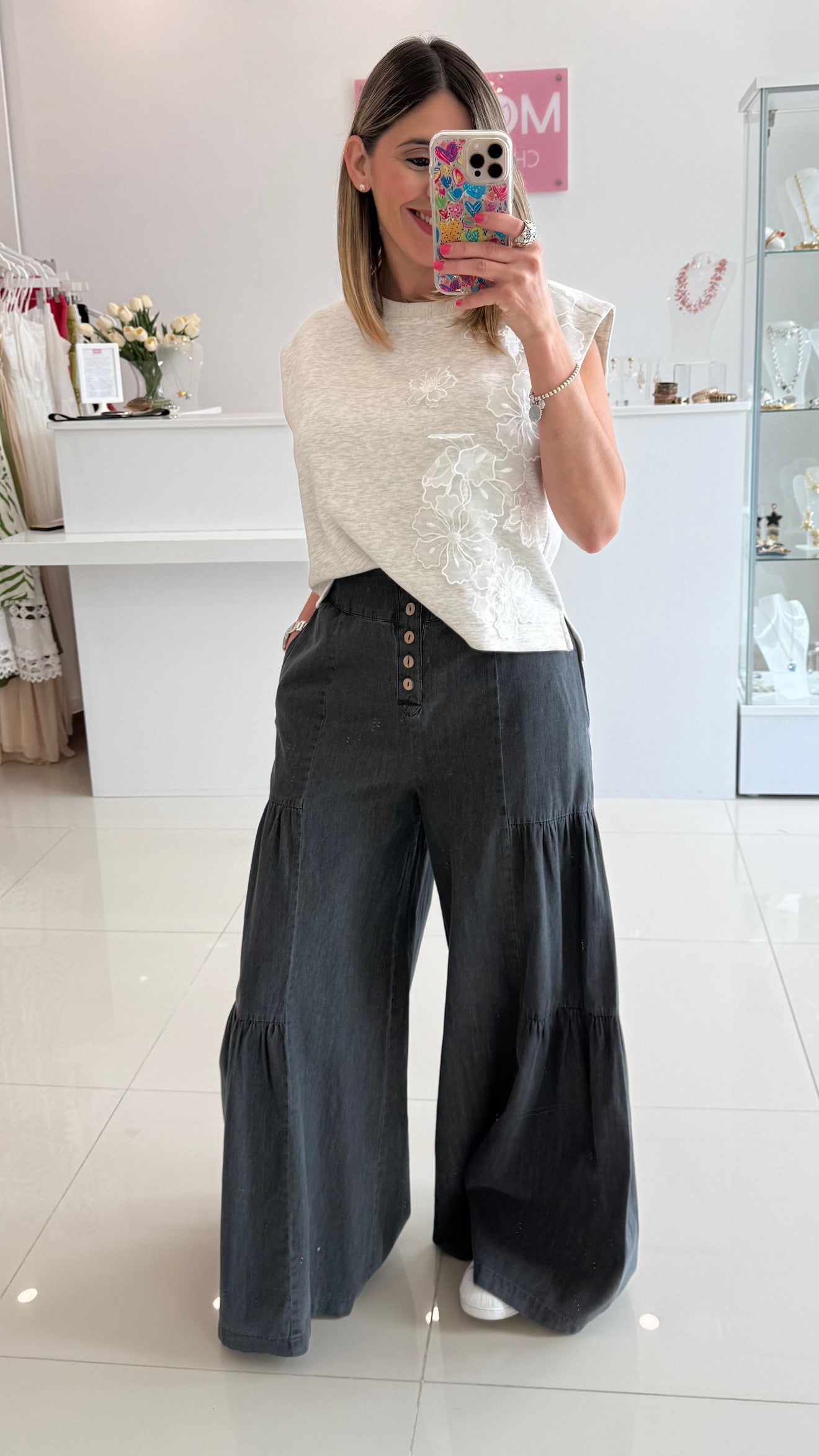 Button Front Wide Pant Black