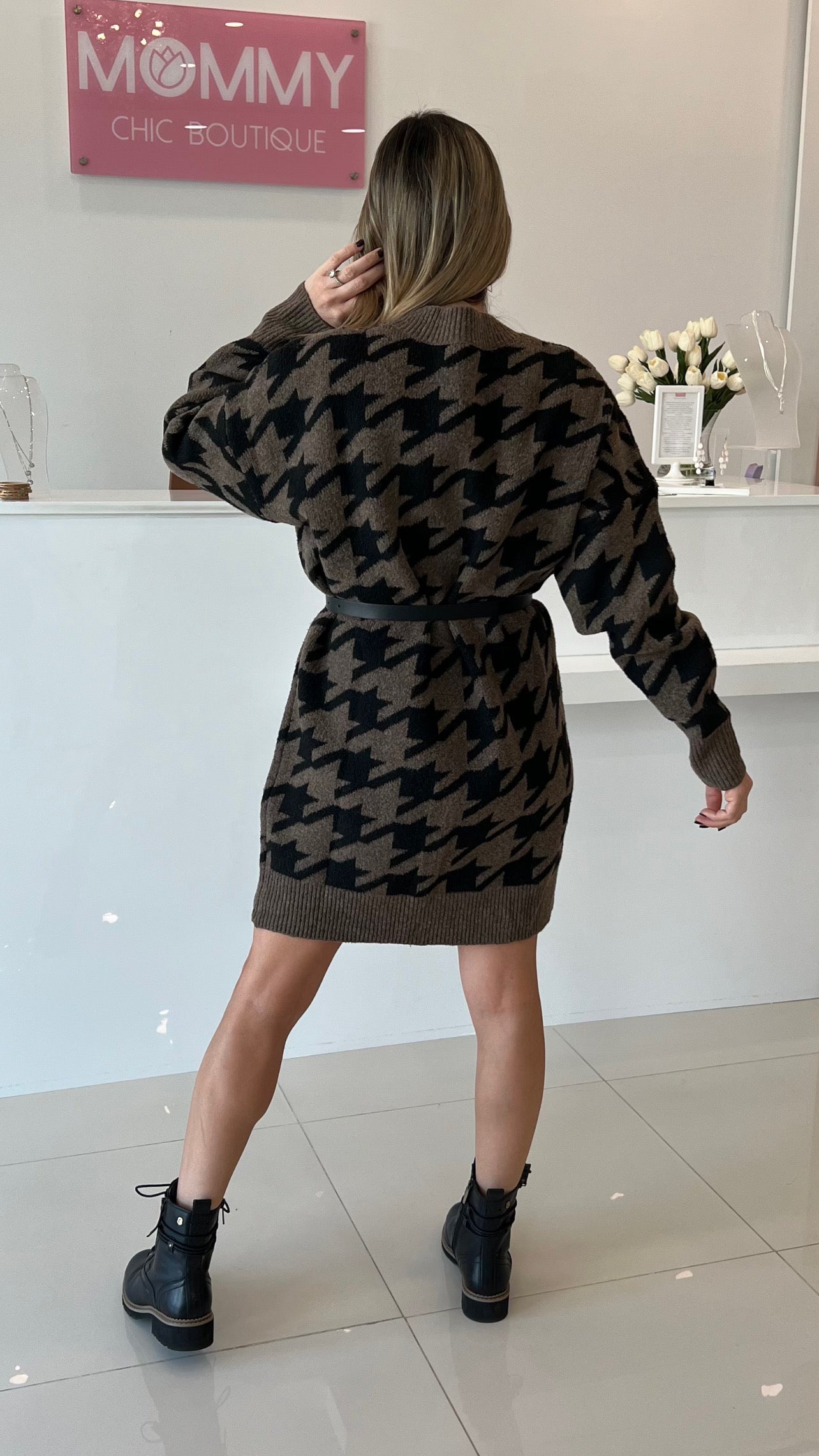 Oversize Houndstooth Sweater Dress