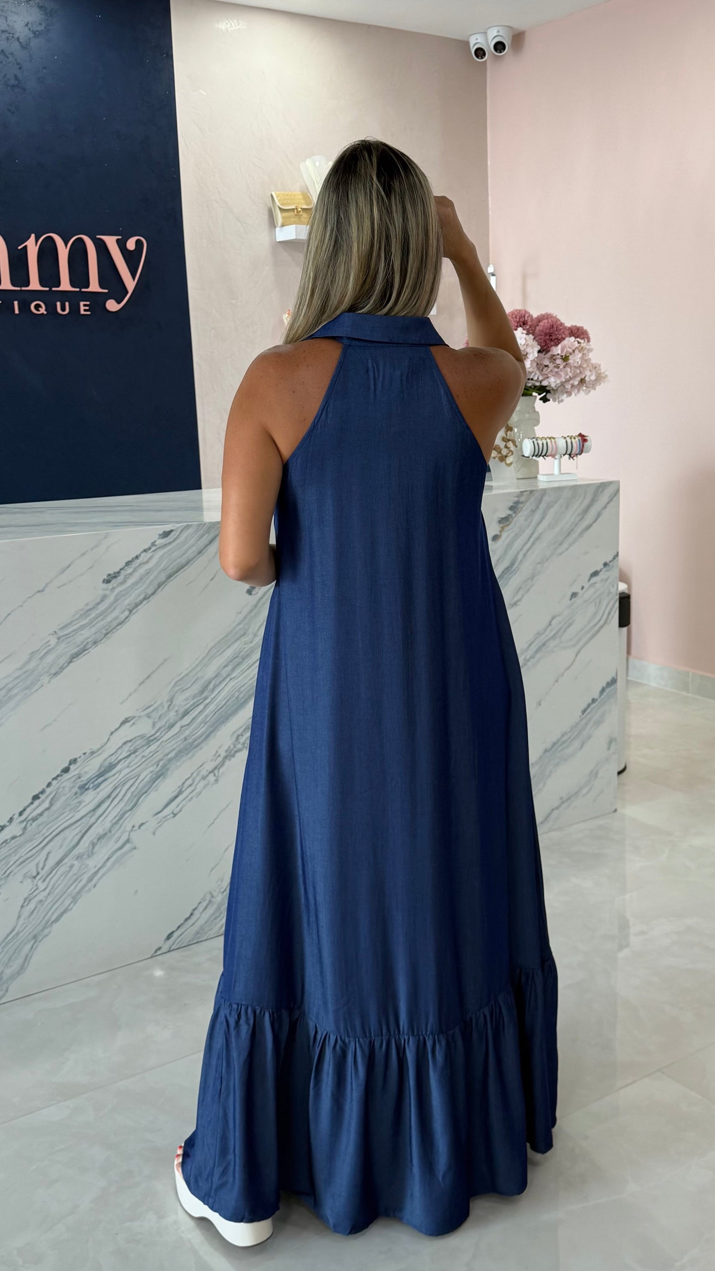 Gold Button Down Maxi Dress Blue