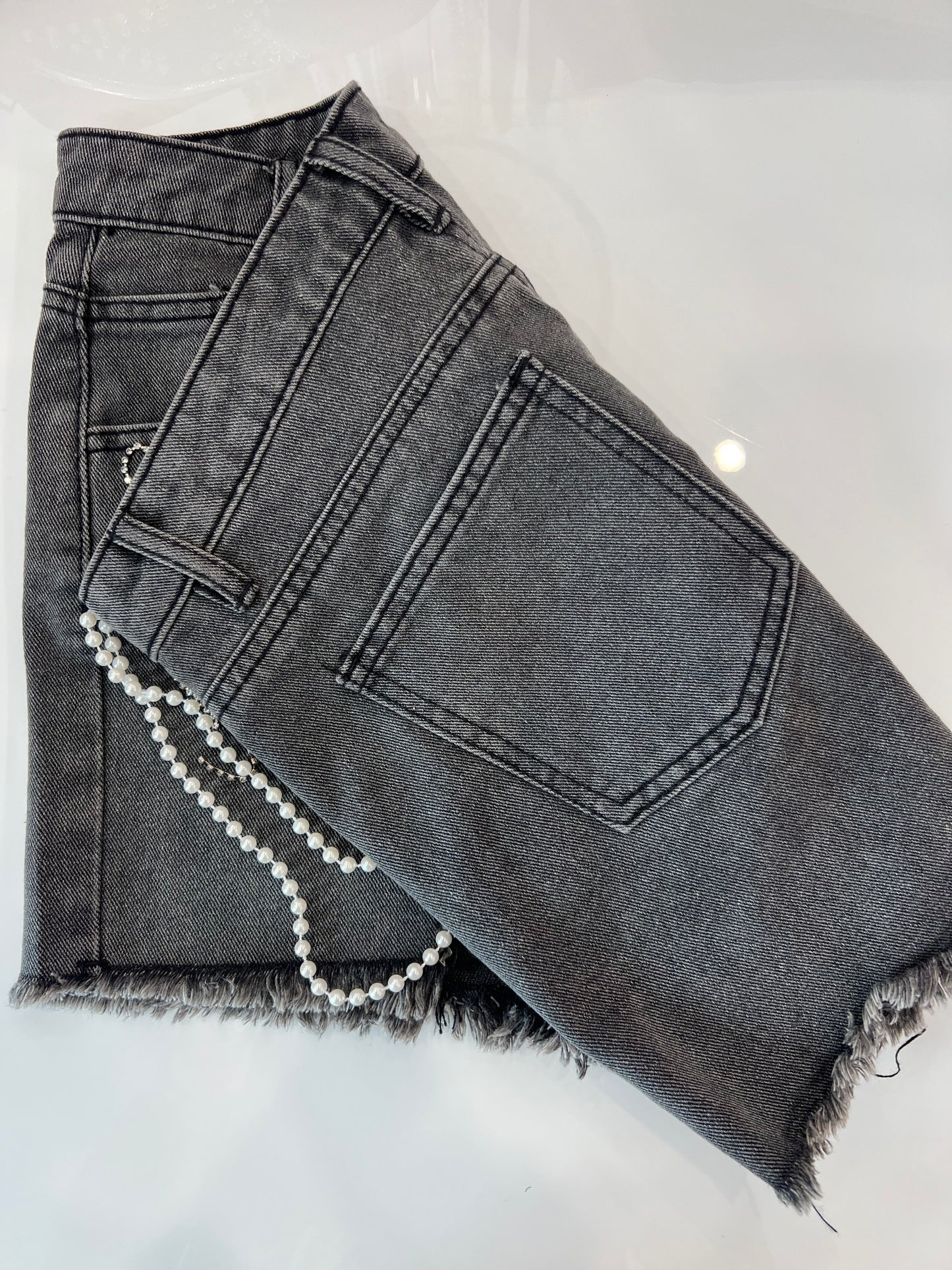 Denim Short With Pearls & Rhinestone - Black