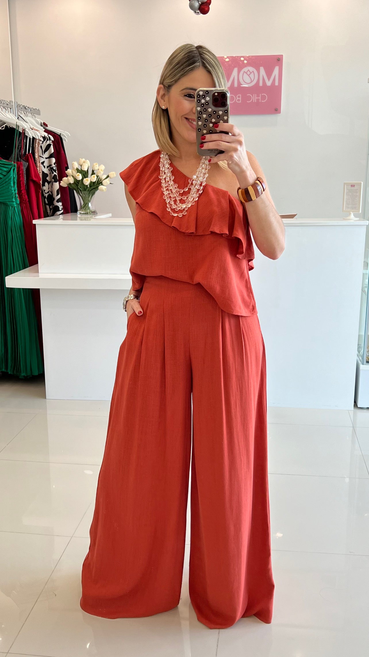 Linen One Shoulder Top & Pant Set Rust