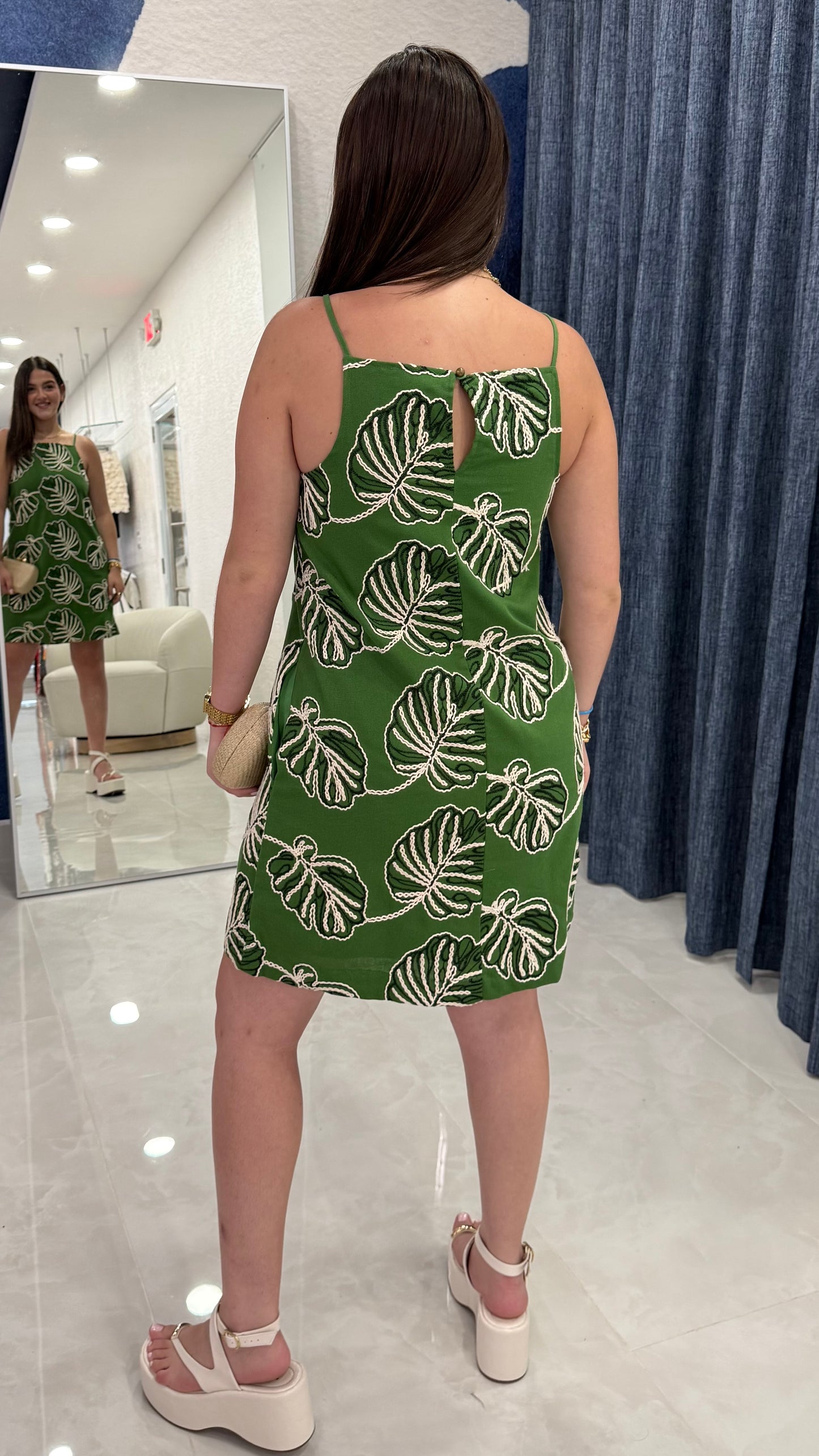Embroidery Leaf Dress Green