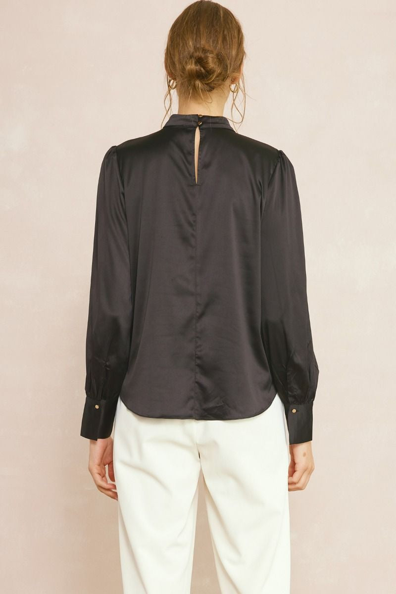 Long Sleeve Satin Top Black