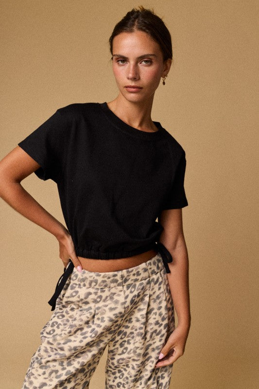 Drawstring Waist Cotton Top Black