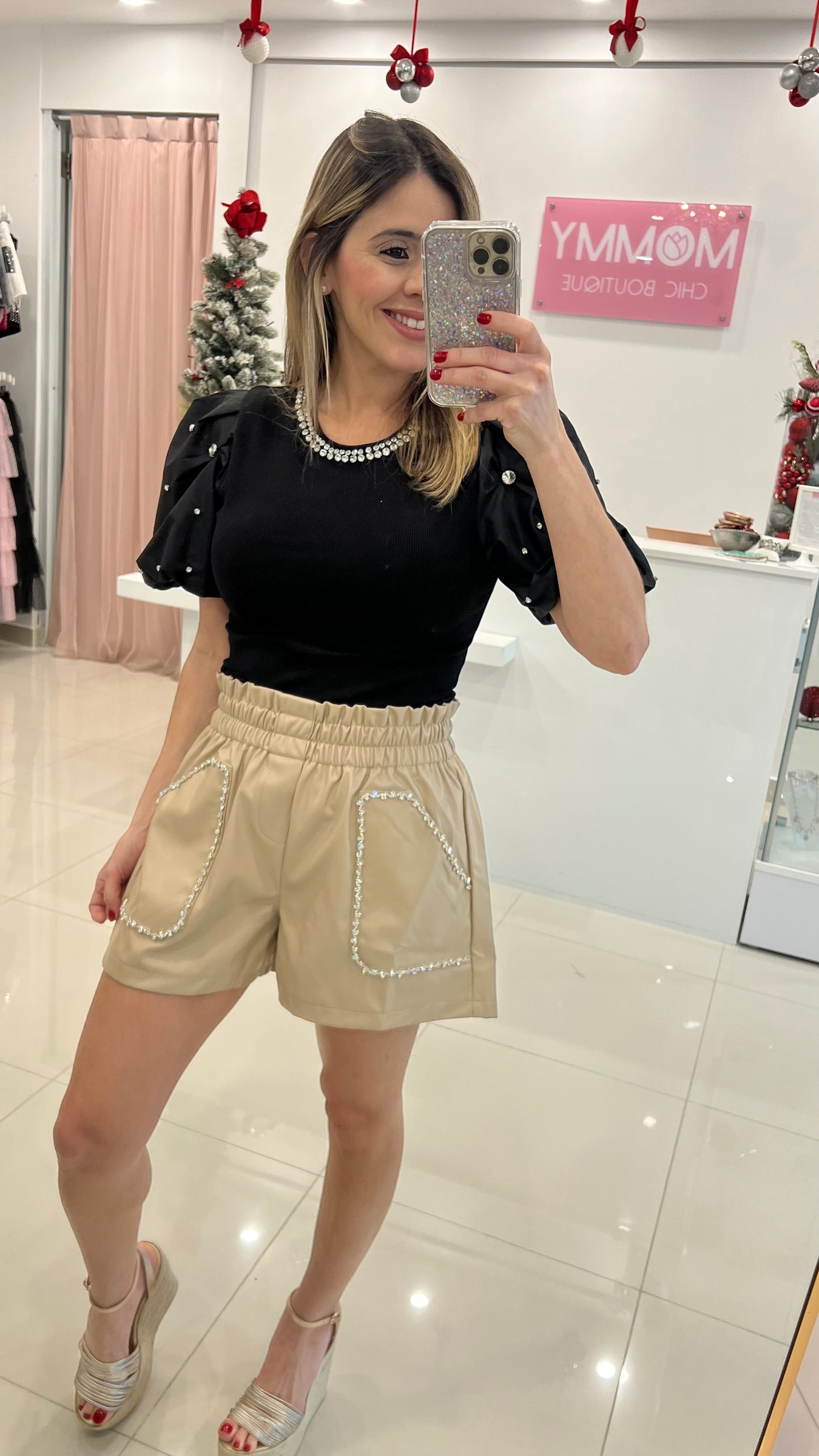 Bodysuit Puff Sleeve With Rhinestone Black