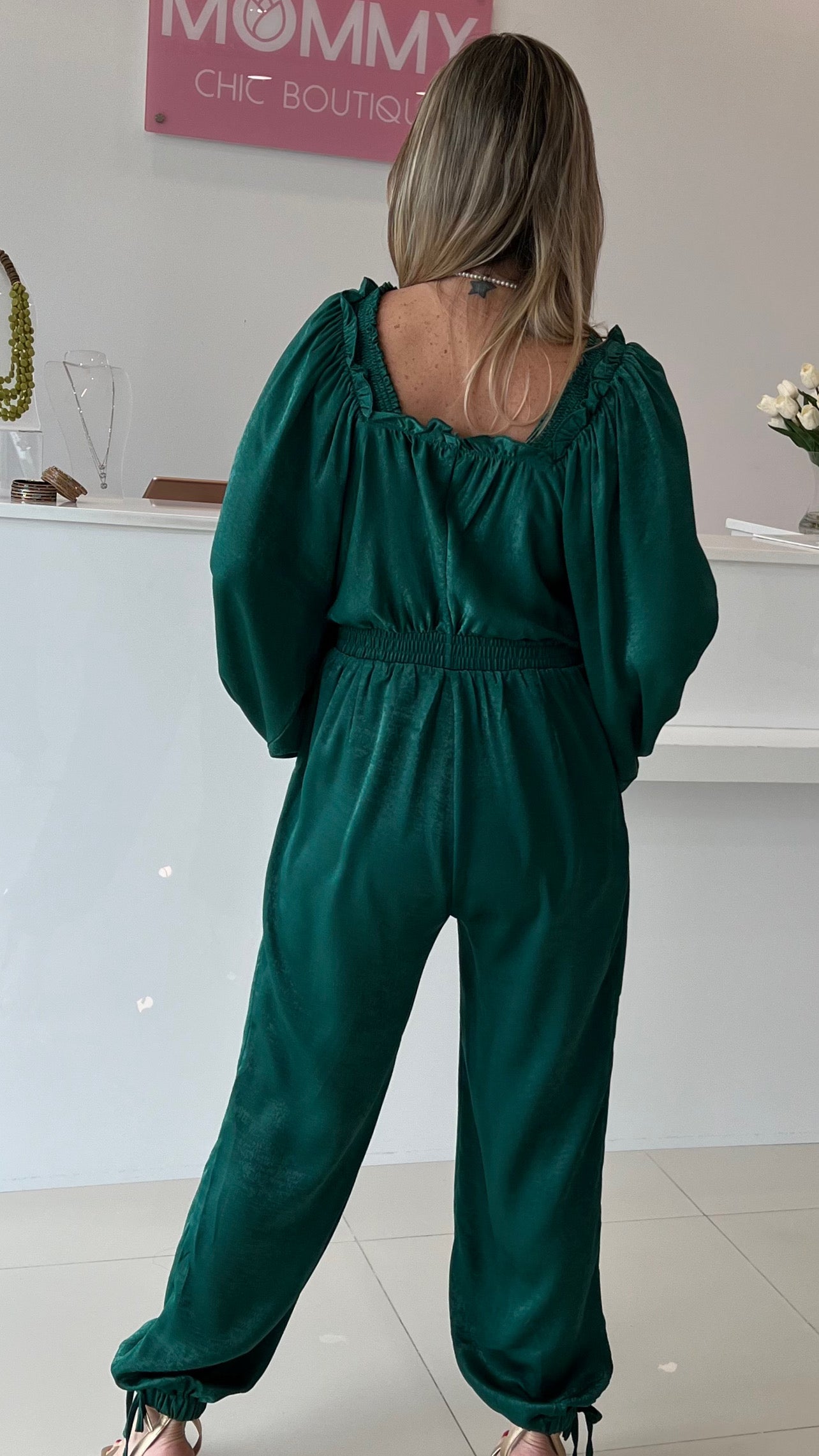 Textured Silky Smocked Jumpsuit Green