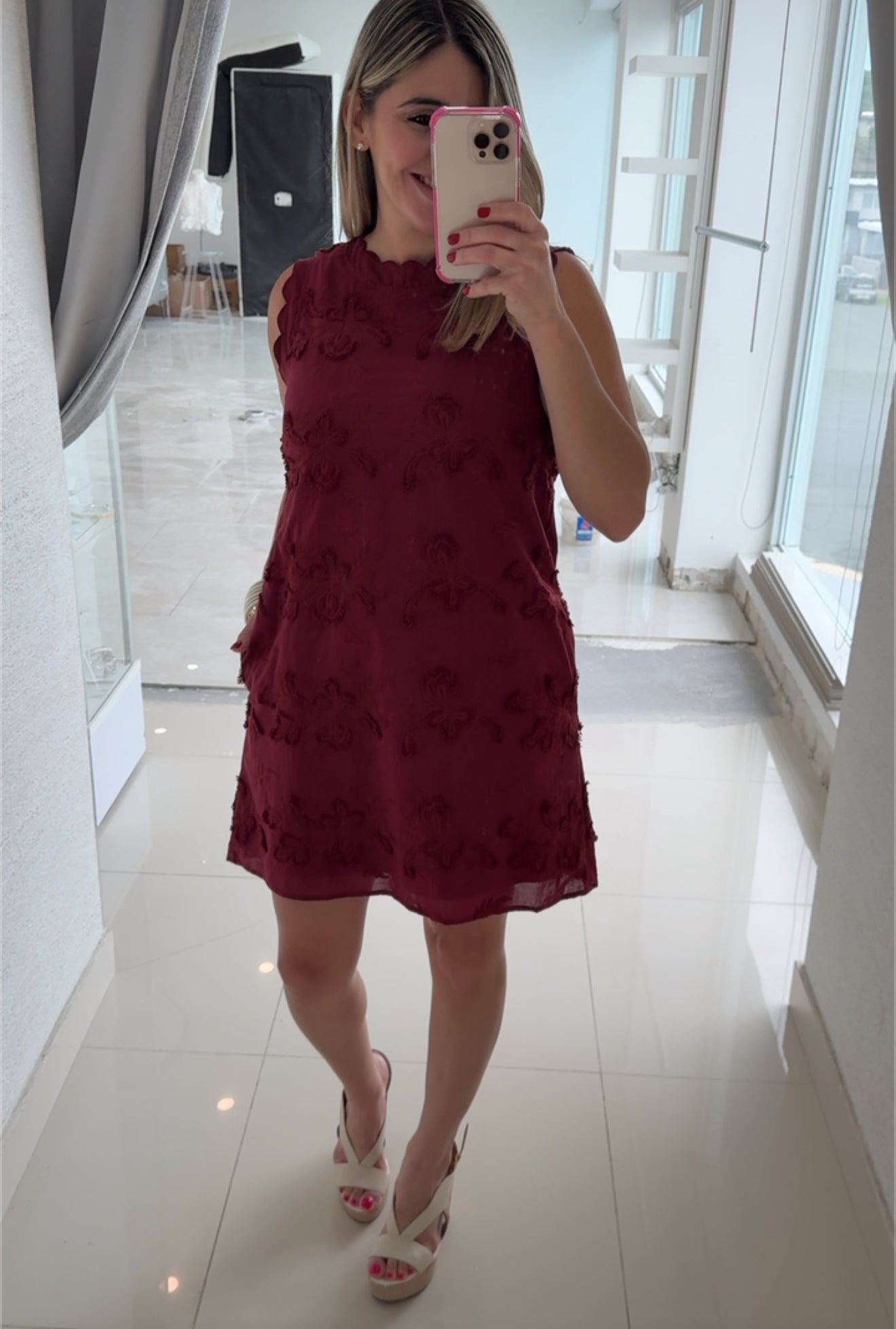 Embroidery Flower Dress Burgundy