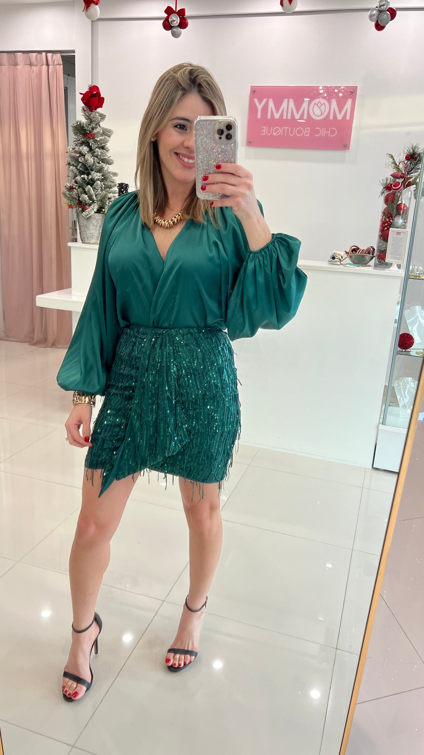 Satin Bodysuit & Sequin Skirt Set Emerald Green