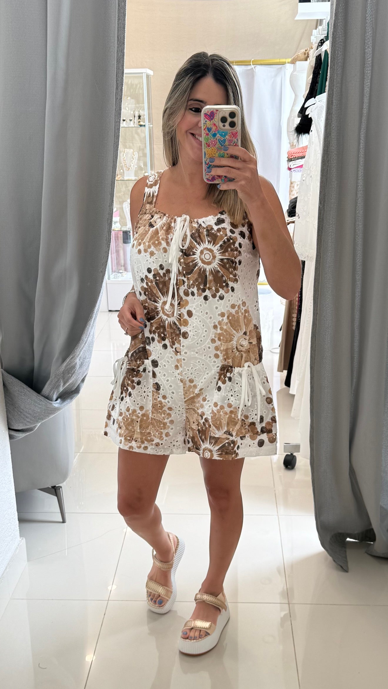 Printed Eyelet Romper Taupe