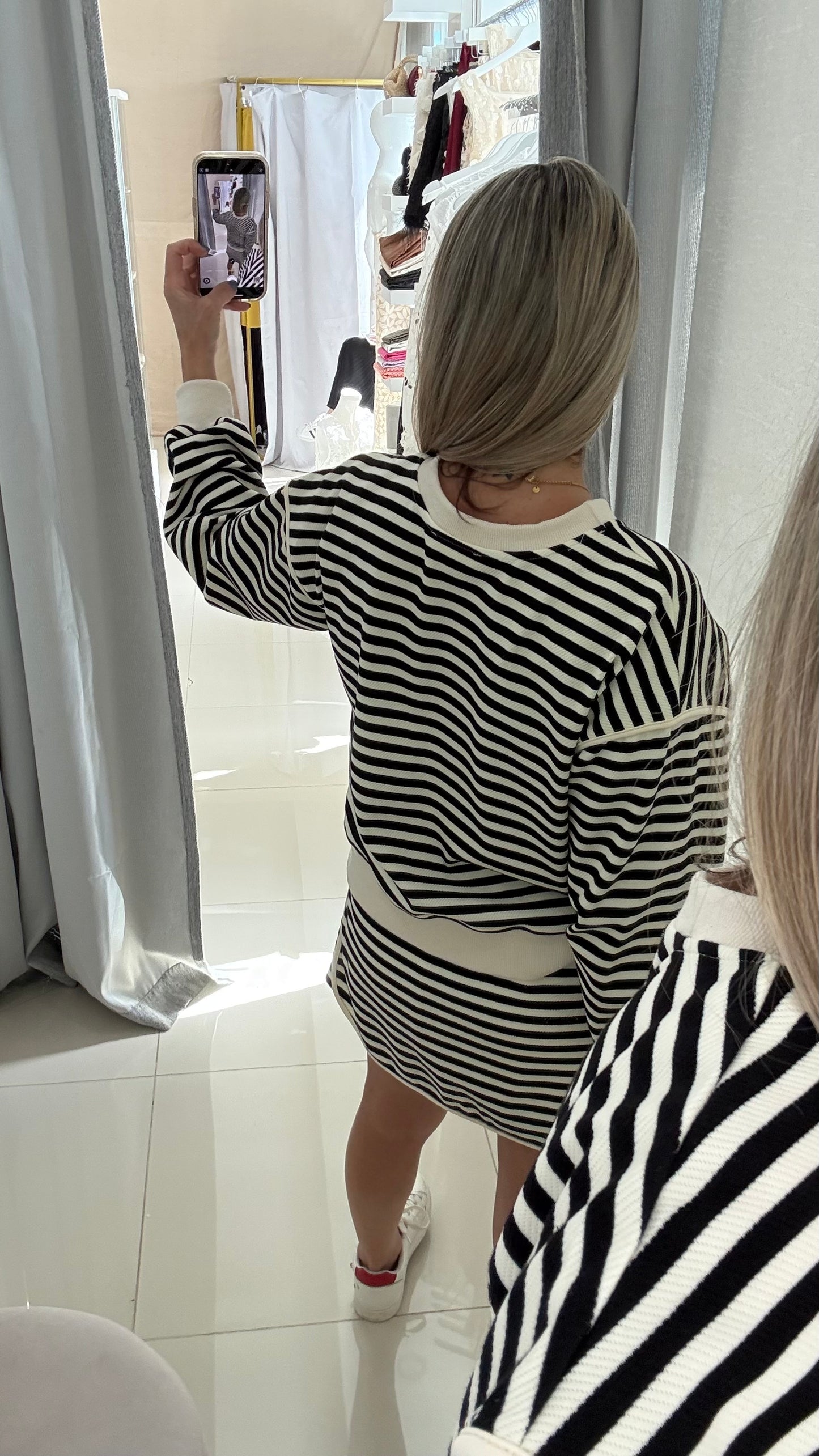Stripped Ling Sleeve & Skort Set Black / Ivory
