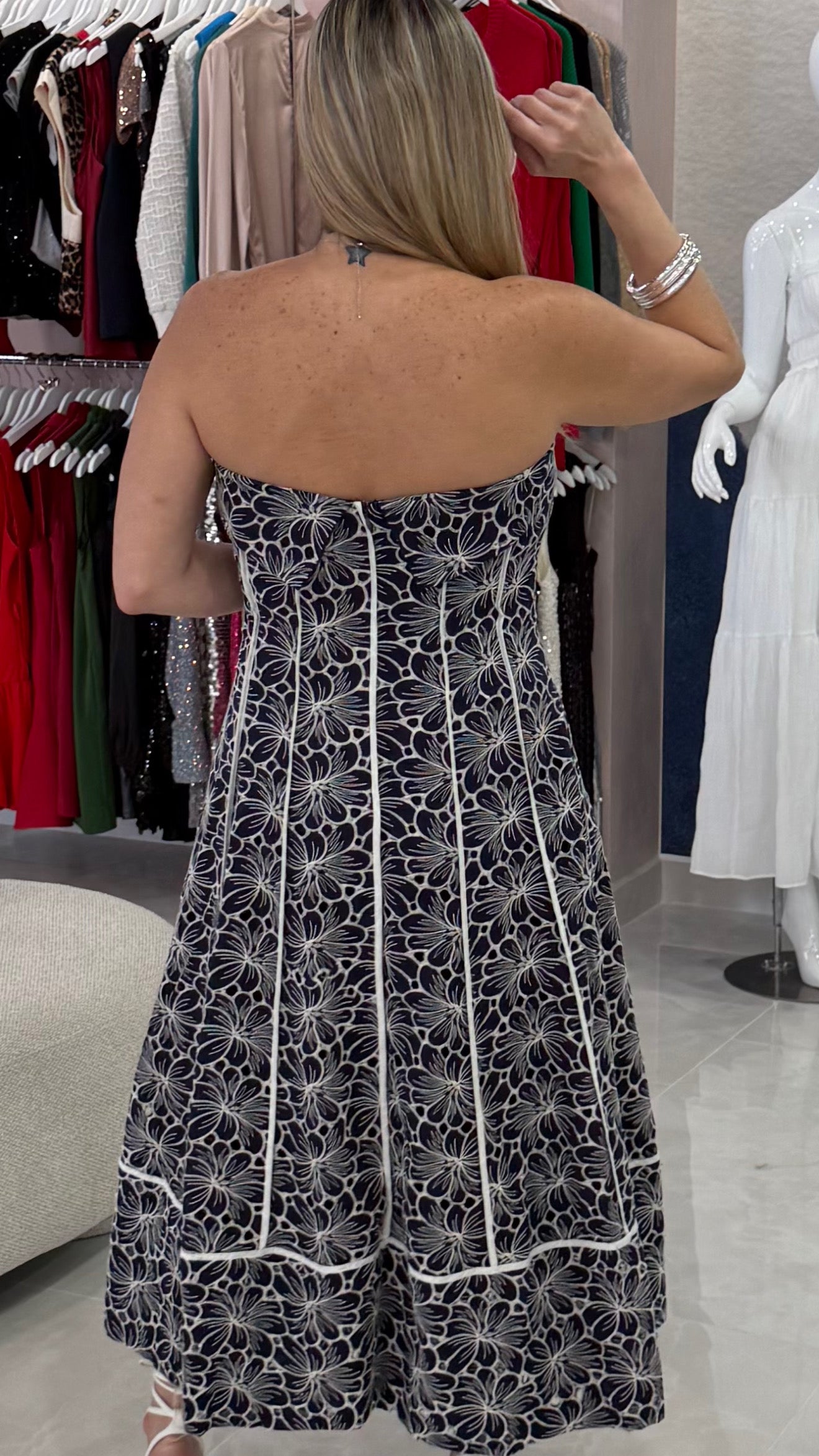 Embroidery Strapless Midi Dress Navy