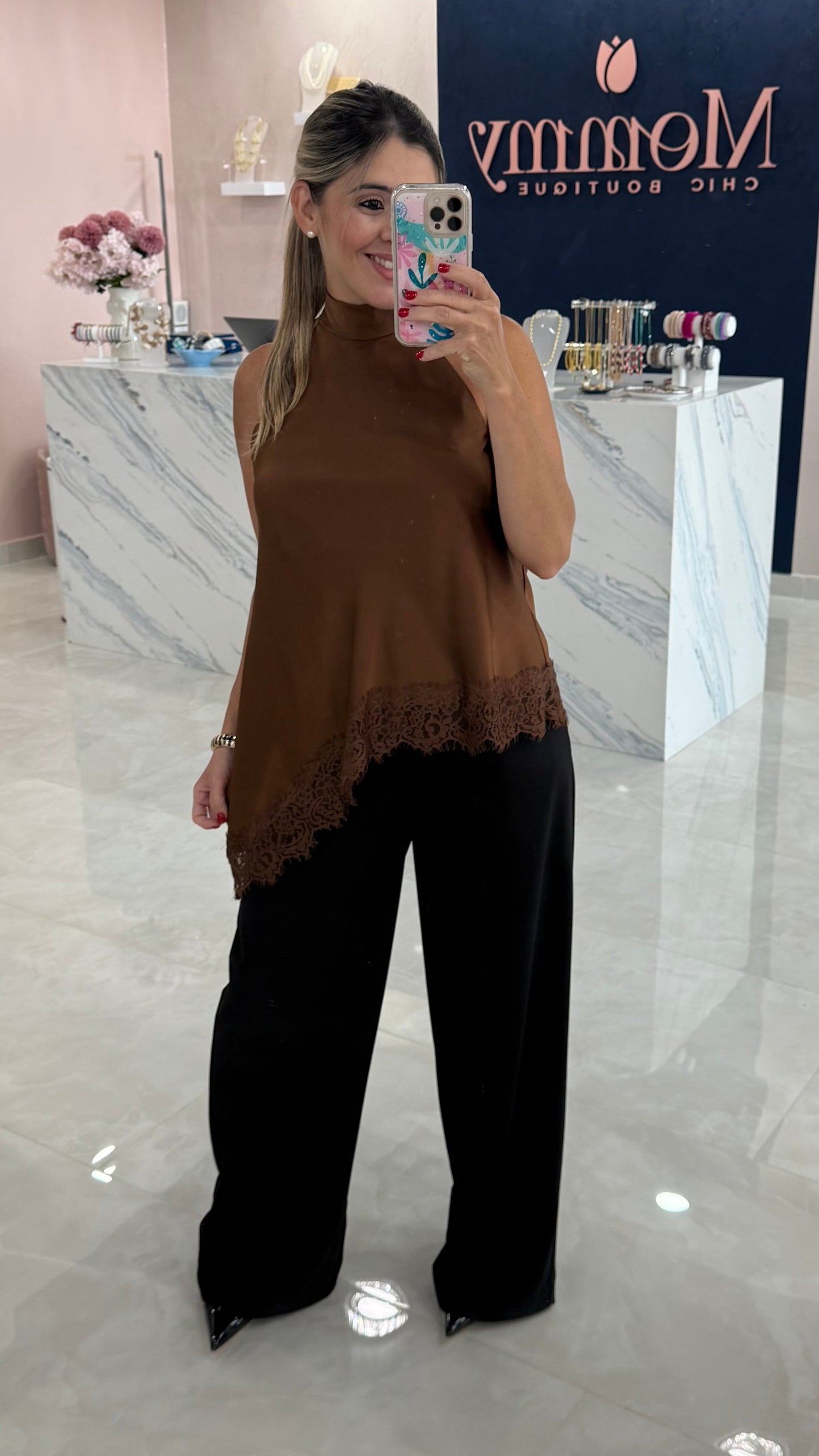 Asymmetric Satin & Lace Top Brown