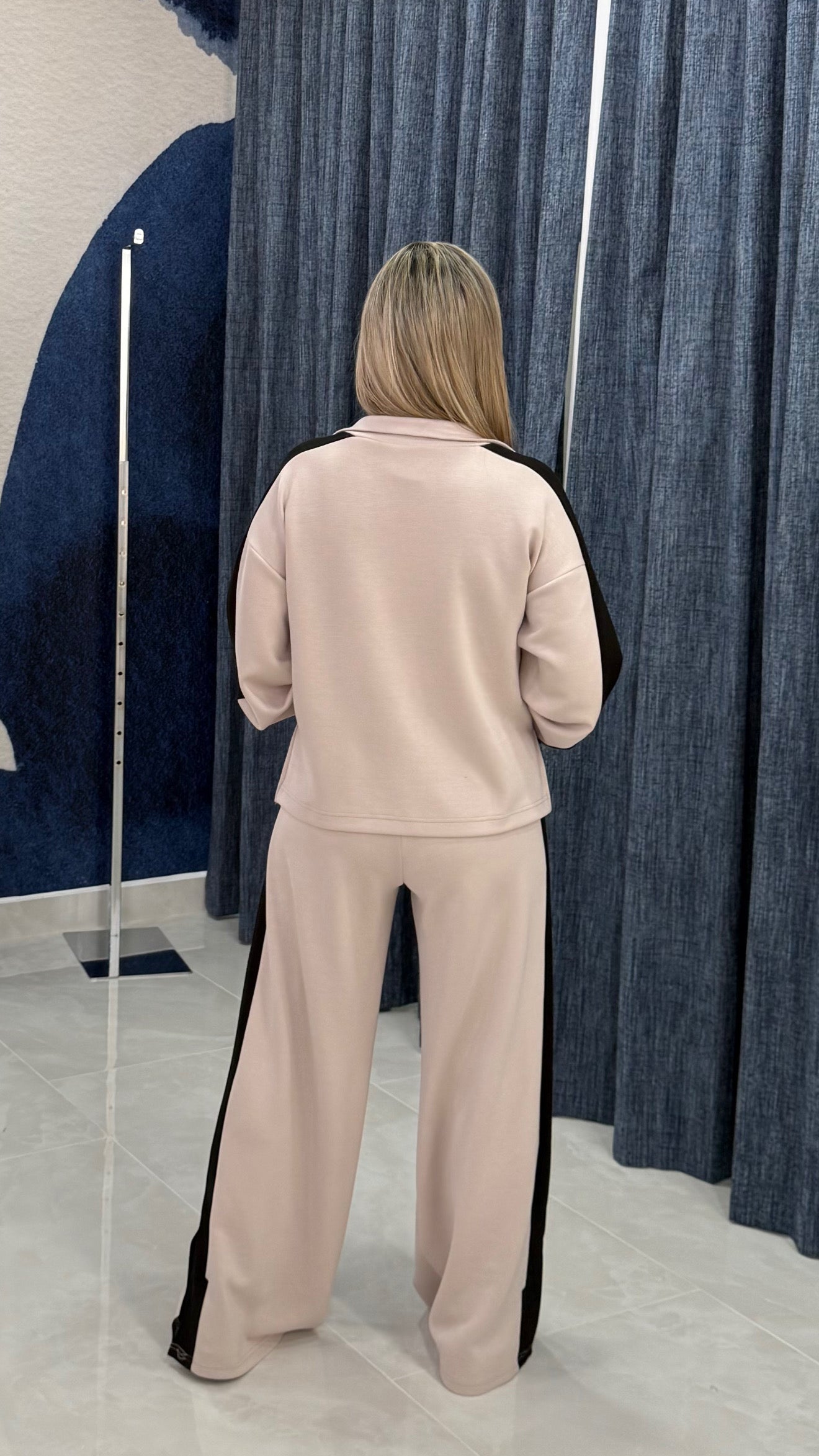 Long Sleeve Contrast Top & Pant Stone/Black