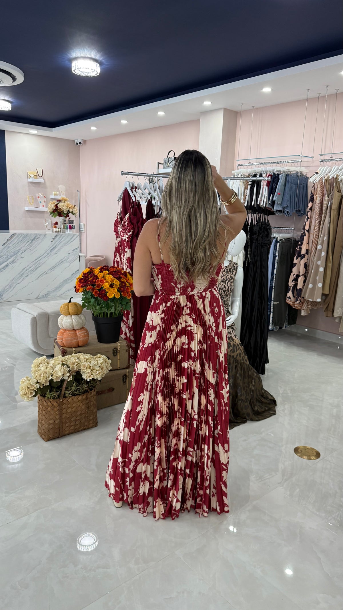 Pleated Satin Printed Maxi Dress