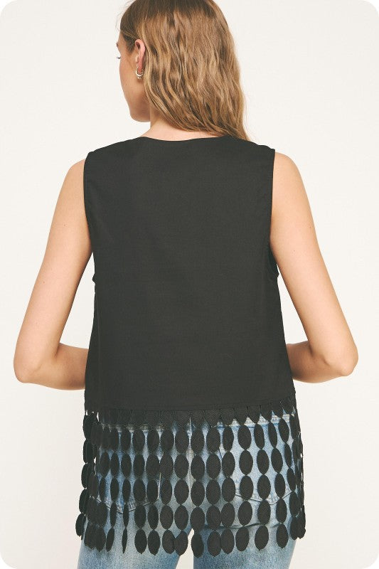 Dotted Fringe Linen Top Black