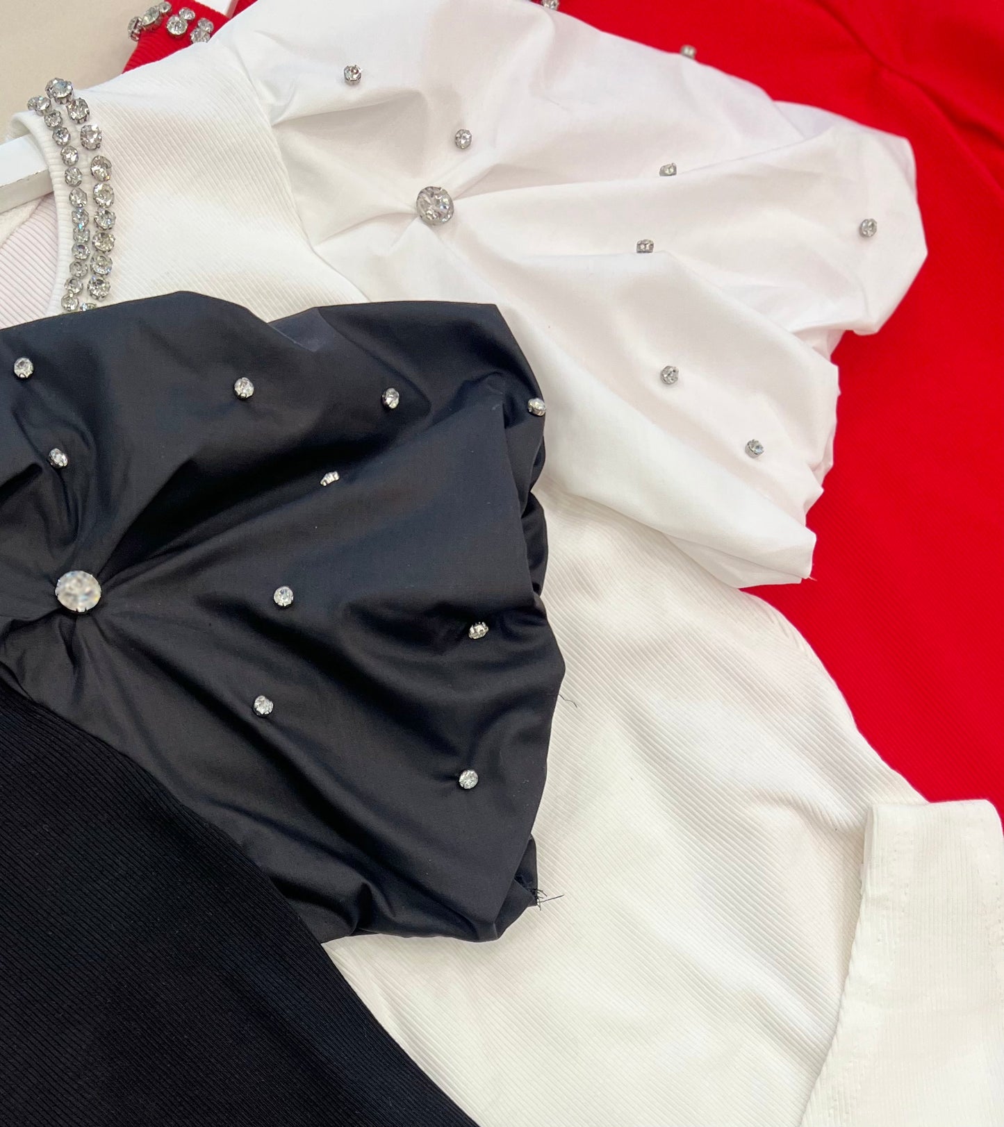 Bodysuit Puff Sleeve With Rhinestone Black