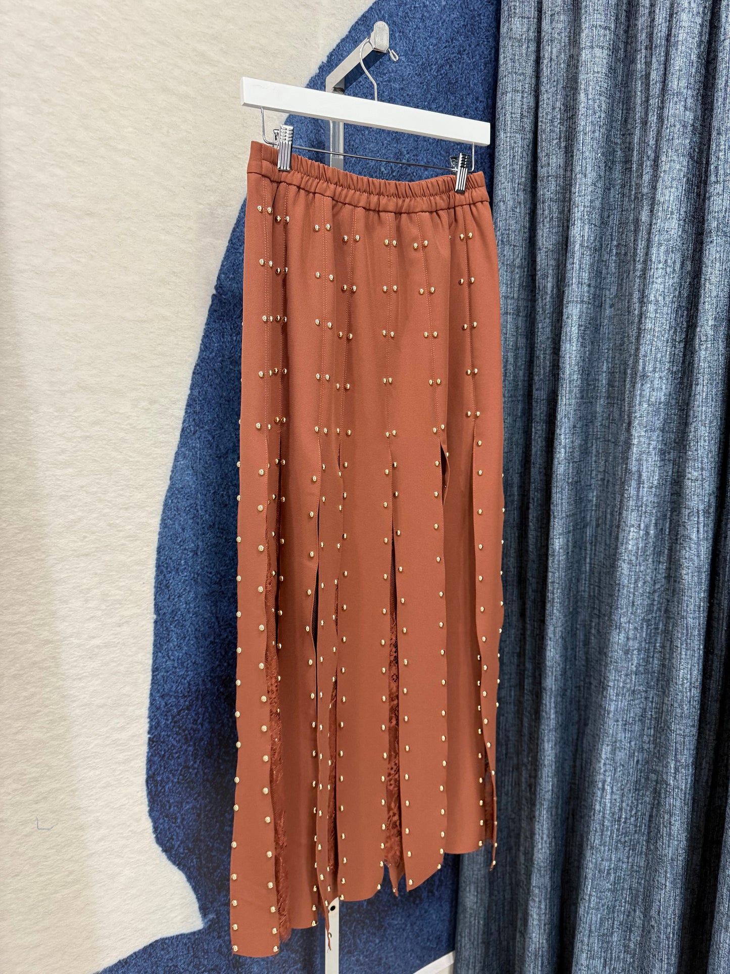 Studded Fringes & Lace Skirt Camel