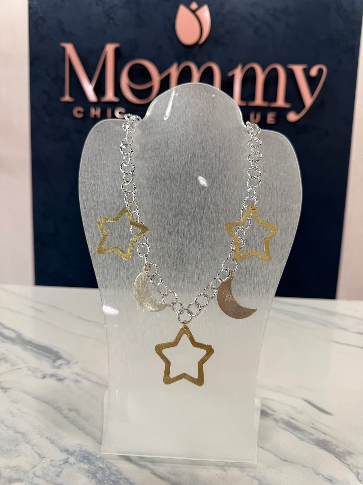 Two Tones Stars & Moon Necklace 28”
