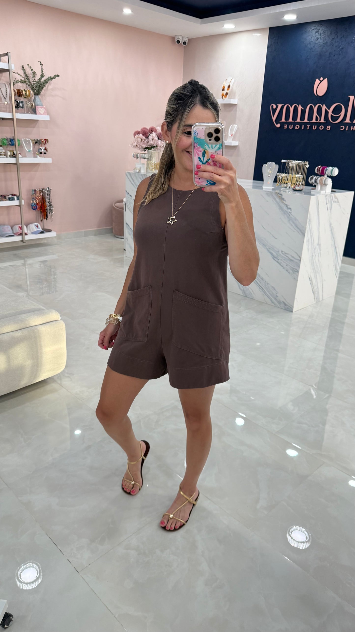 Patch Pocket Romper Brown