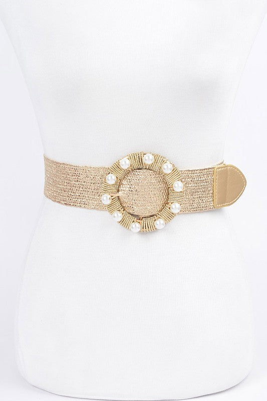 Metallic Stretch Belt With Pearls Gold