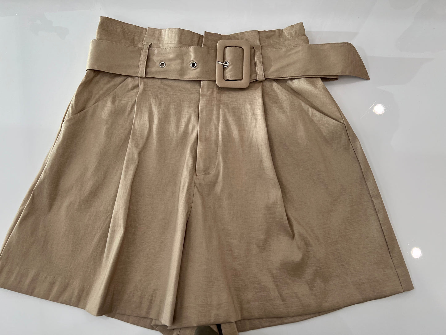 High Waist Belted Paper Bag Short Taupe