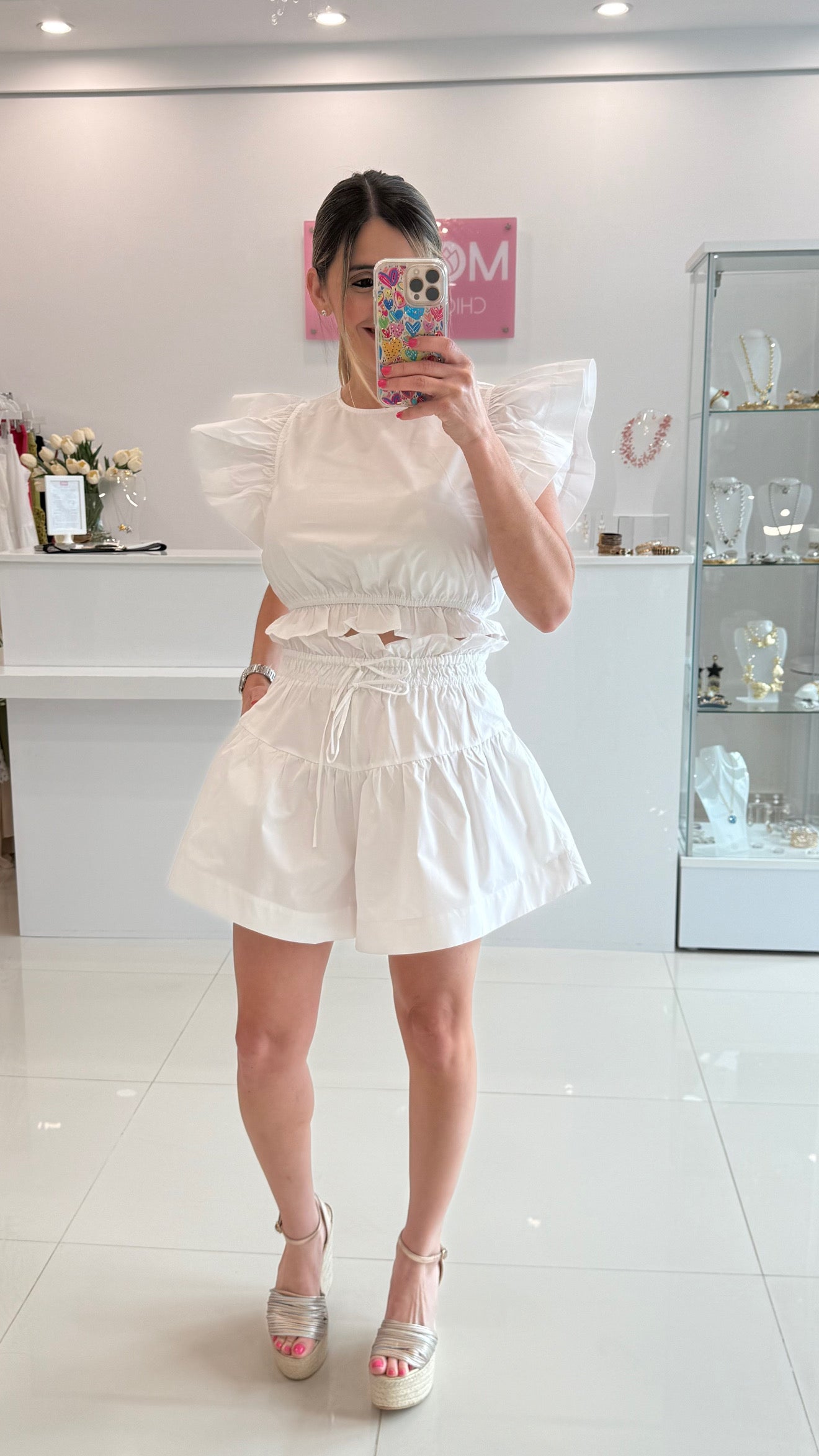 Ruffle Top & Short Set White