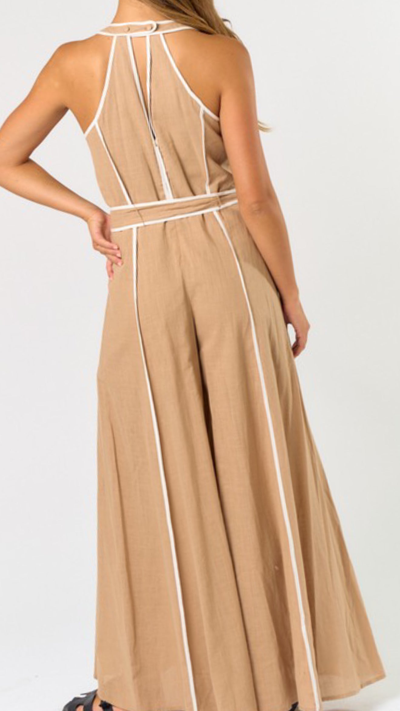 Contrast Halter Jumpsuit Taupe & White