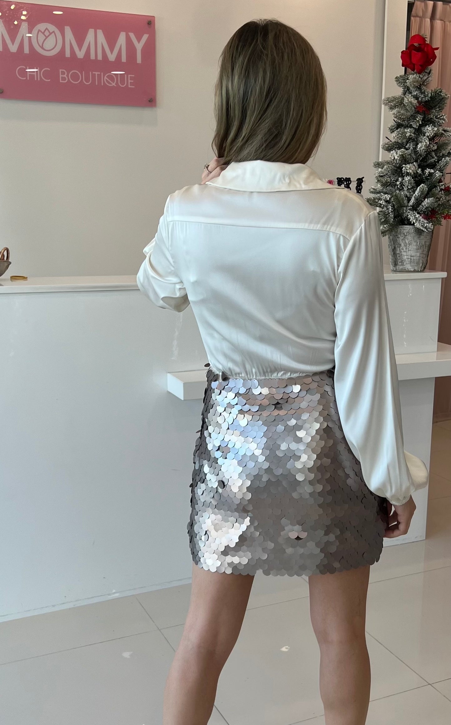 Sequin & Satin Dress Ivory