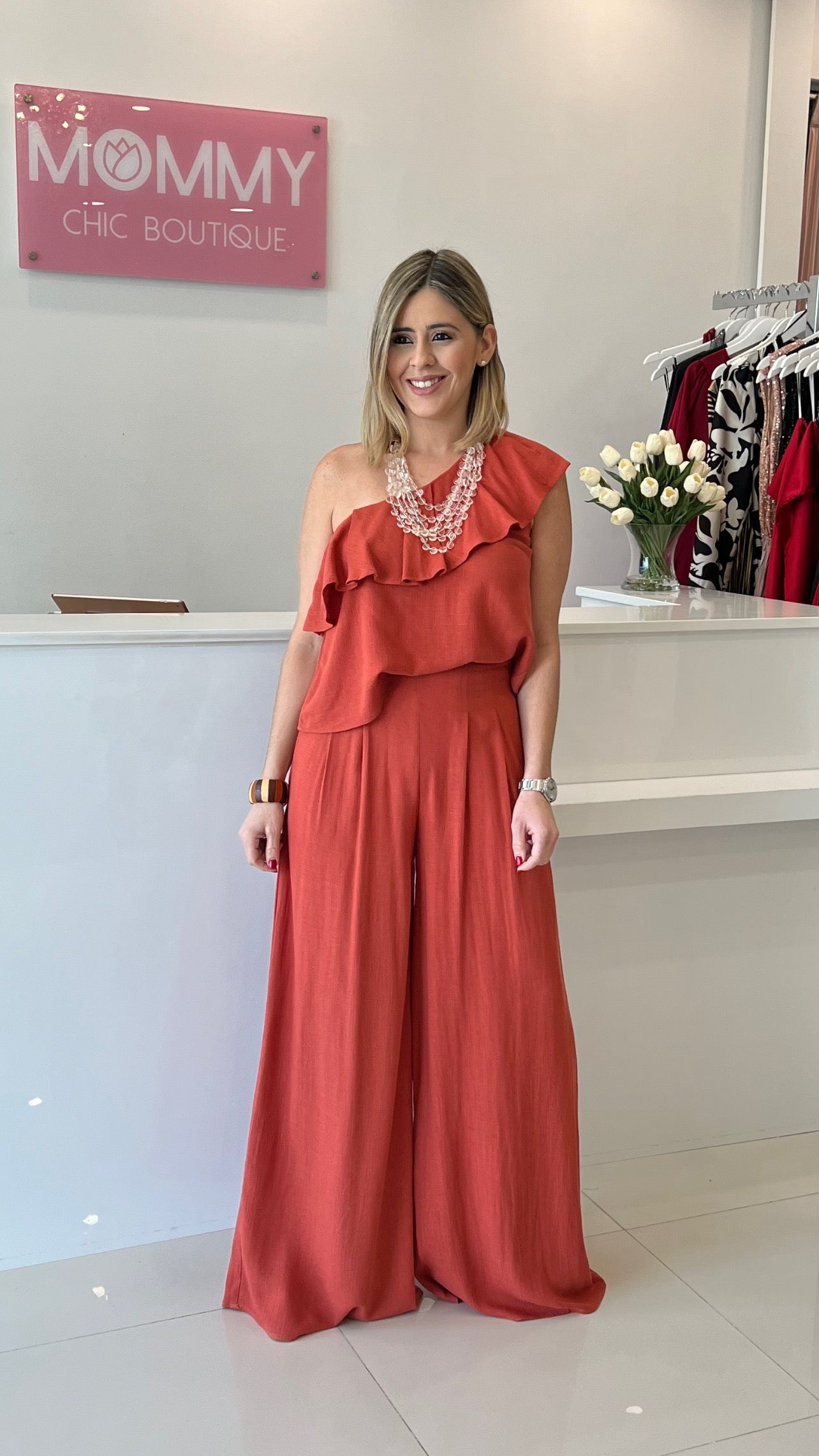 Linen One Shoulder Top & Pant Set Rust
