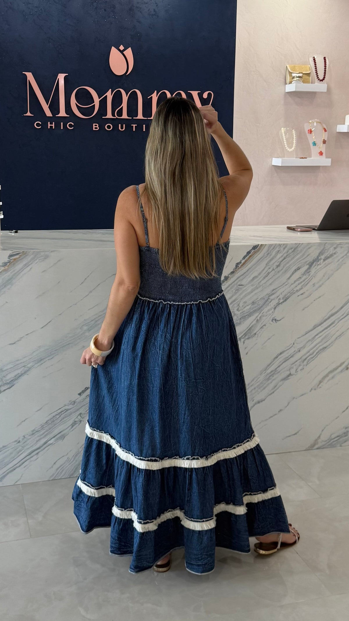 Denim Light Weight With Sequins Maxi Dress