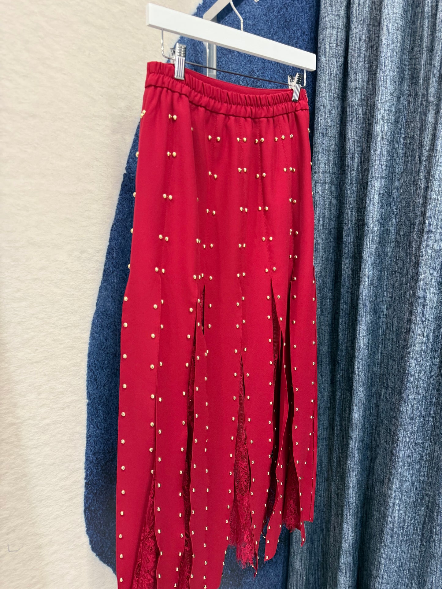 Studded Fringes & Lace Skirt Red