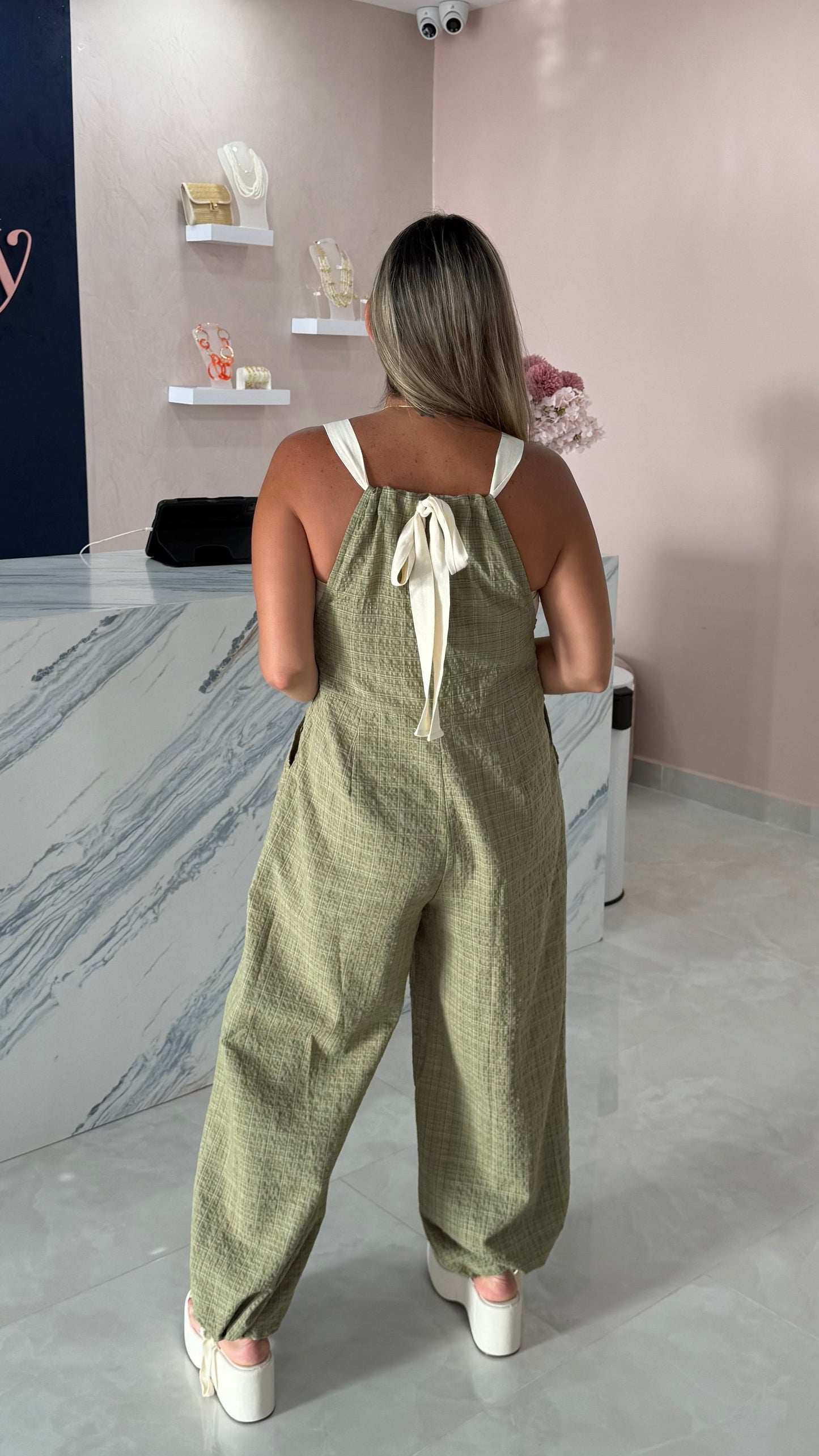 Plaid Overall Adjustable Ankle Green