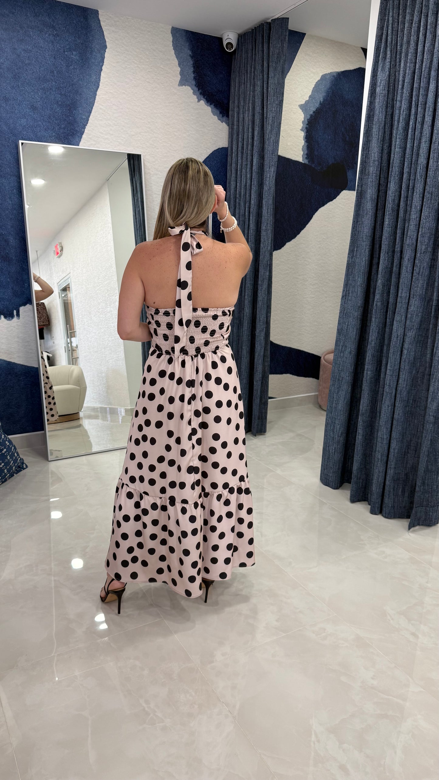 Polka Dot Halter Dress Taupe / Black