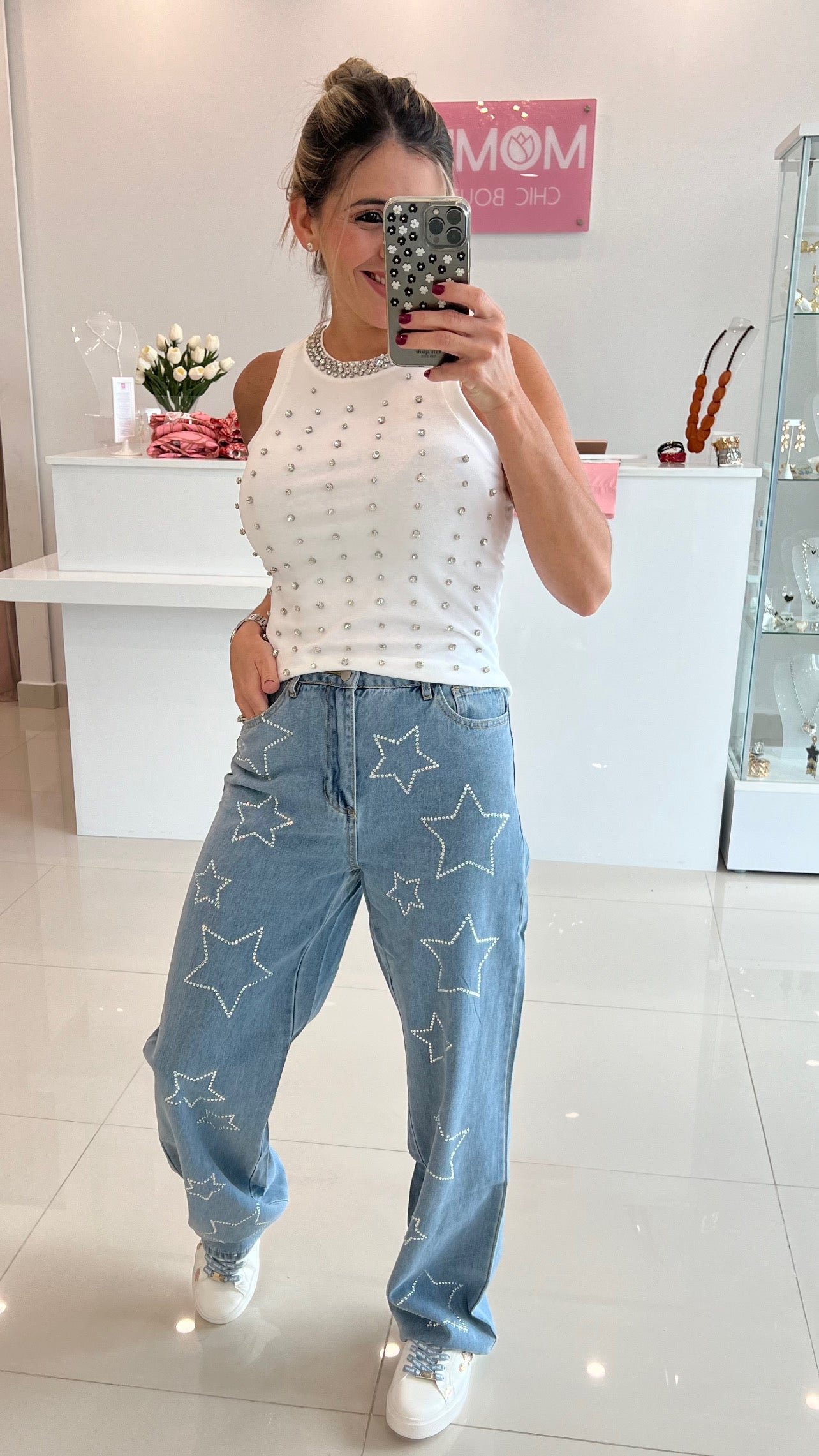 Denim Wide Leg With Rhinestone Stars