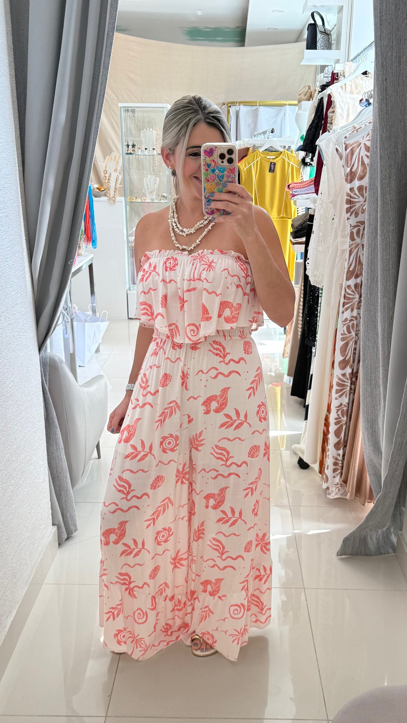 Strapless Printed Maxi Coral