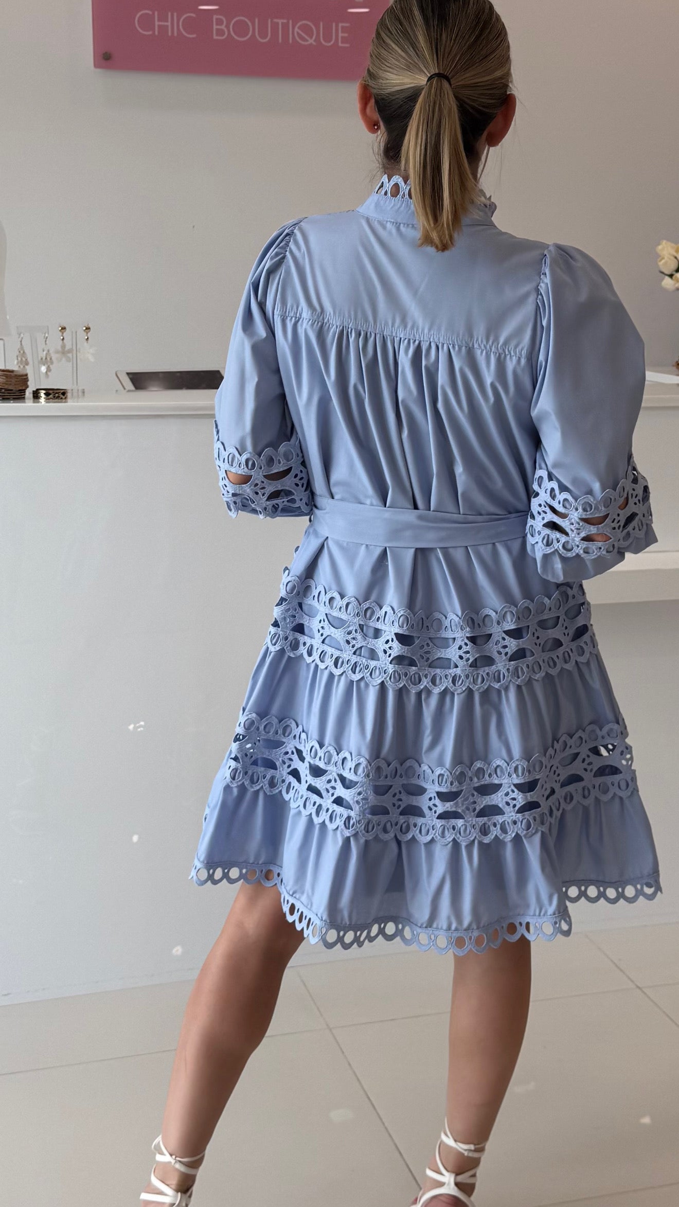 3/4 Sleeve Pearl Buttons Dress With Lace Detail Blue