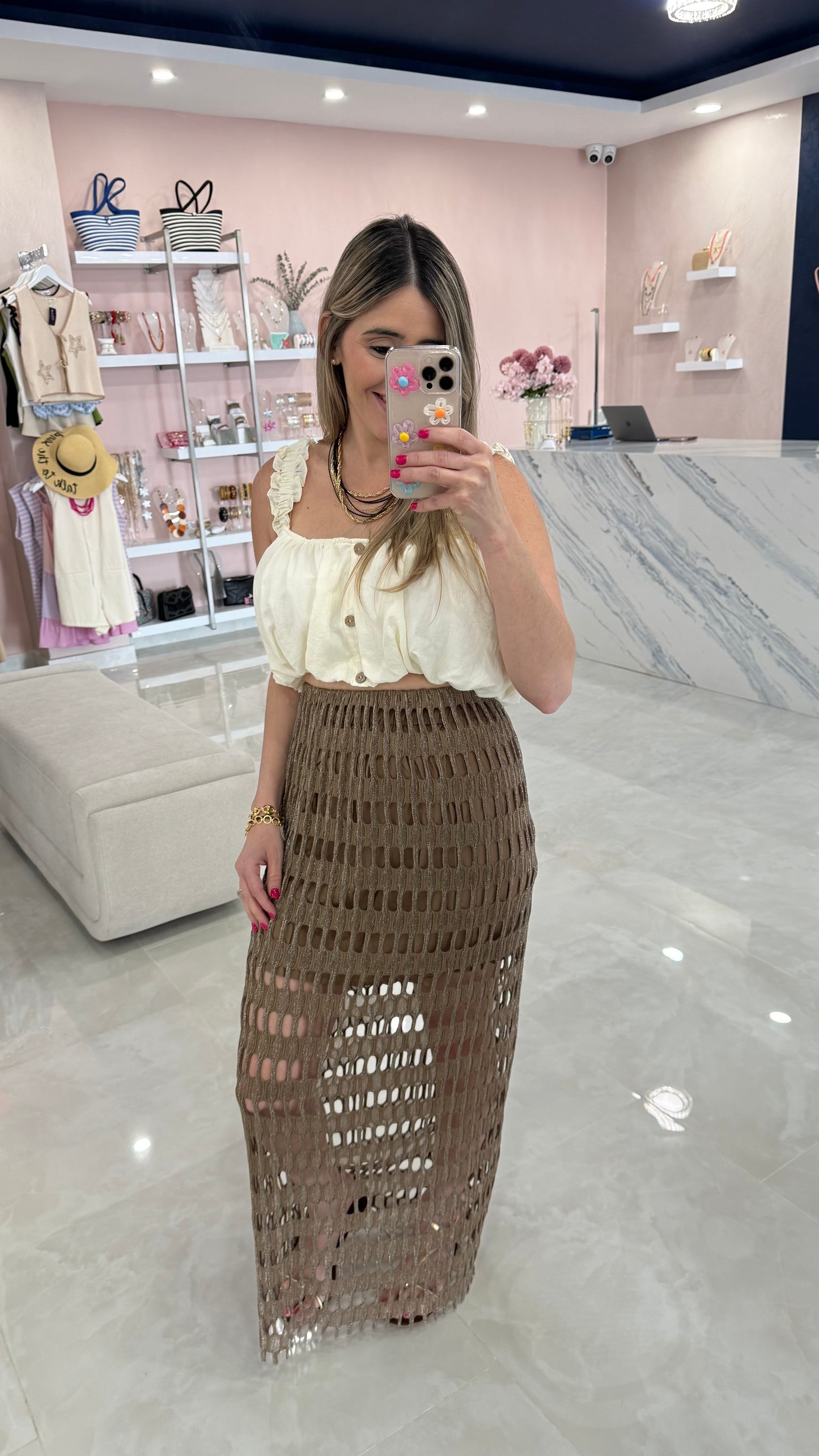 Metallic Mesh Skirt Brown