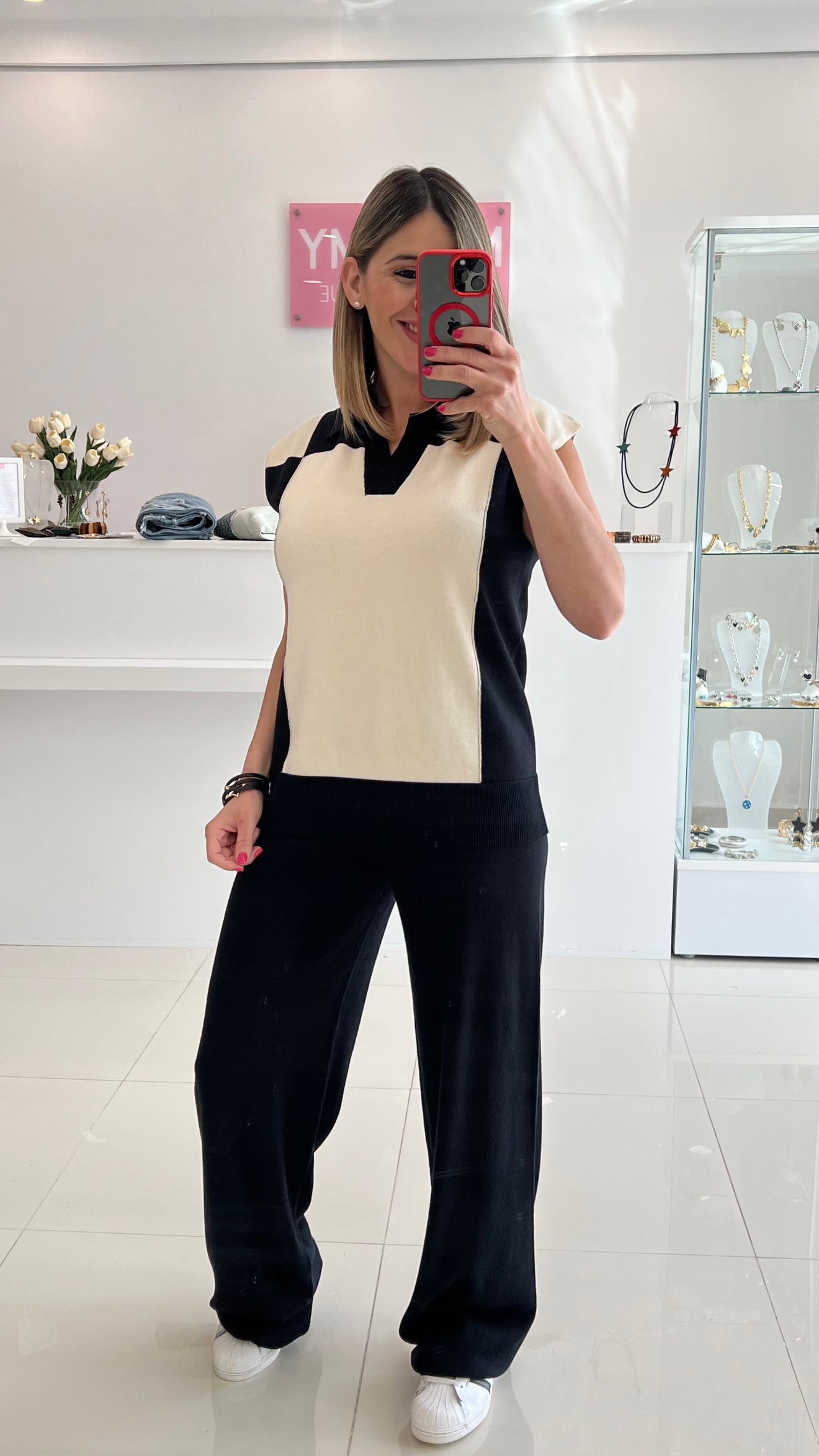 Sleeveless Top & Pant Set Black & Ivory