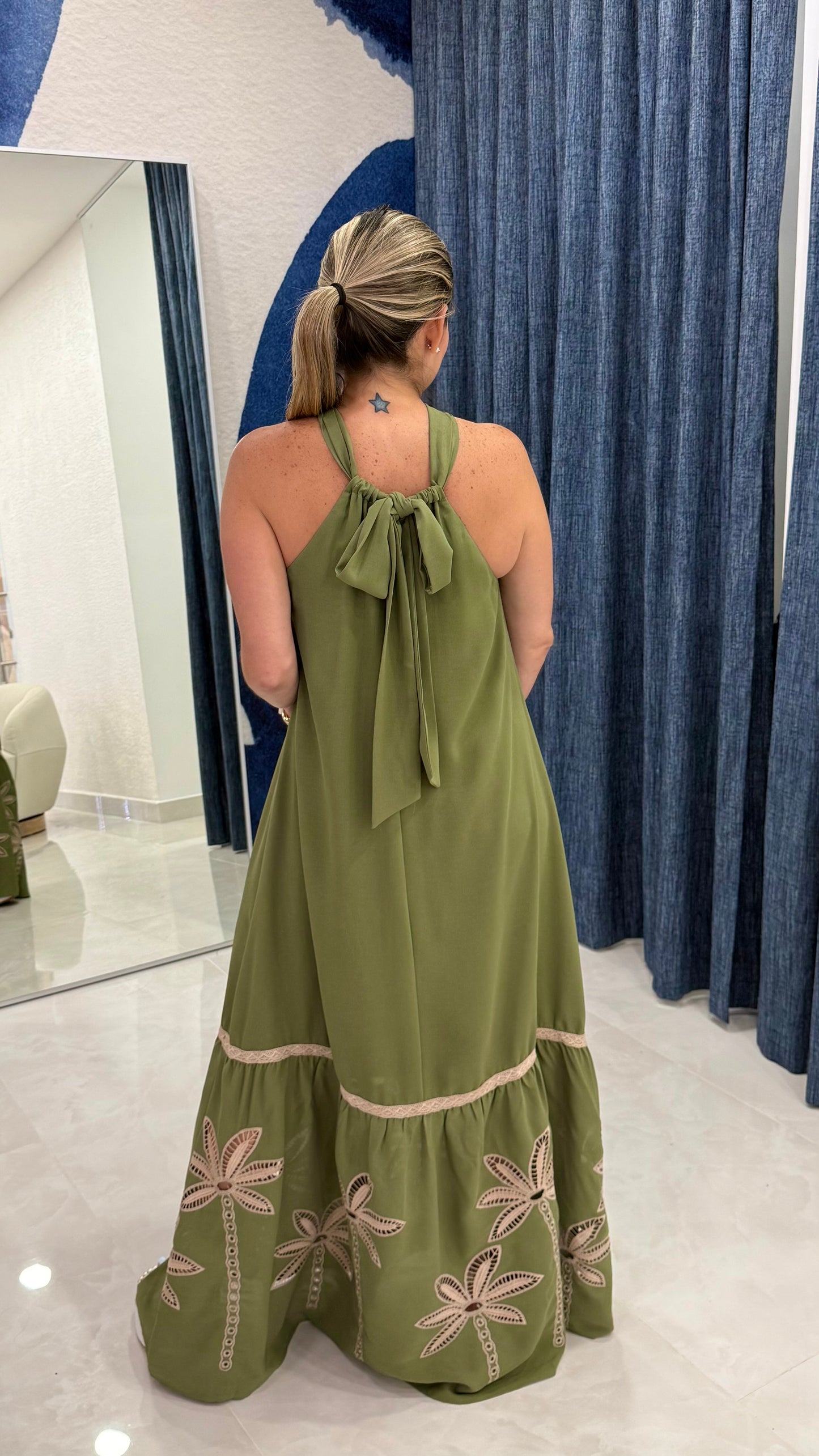 Palm Tree Embroidery Halter Maxi Dress